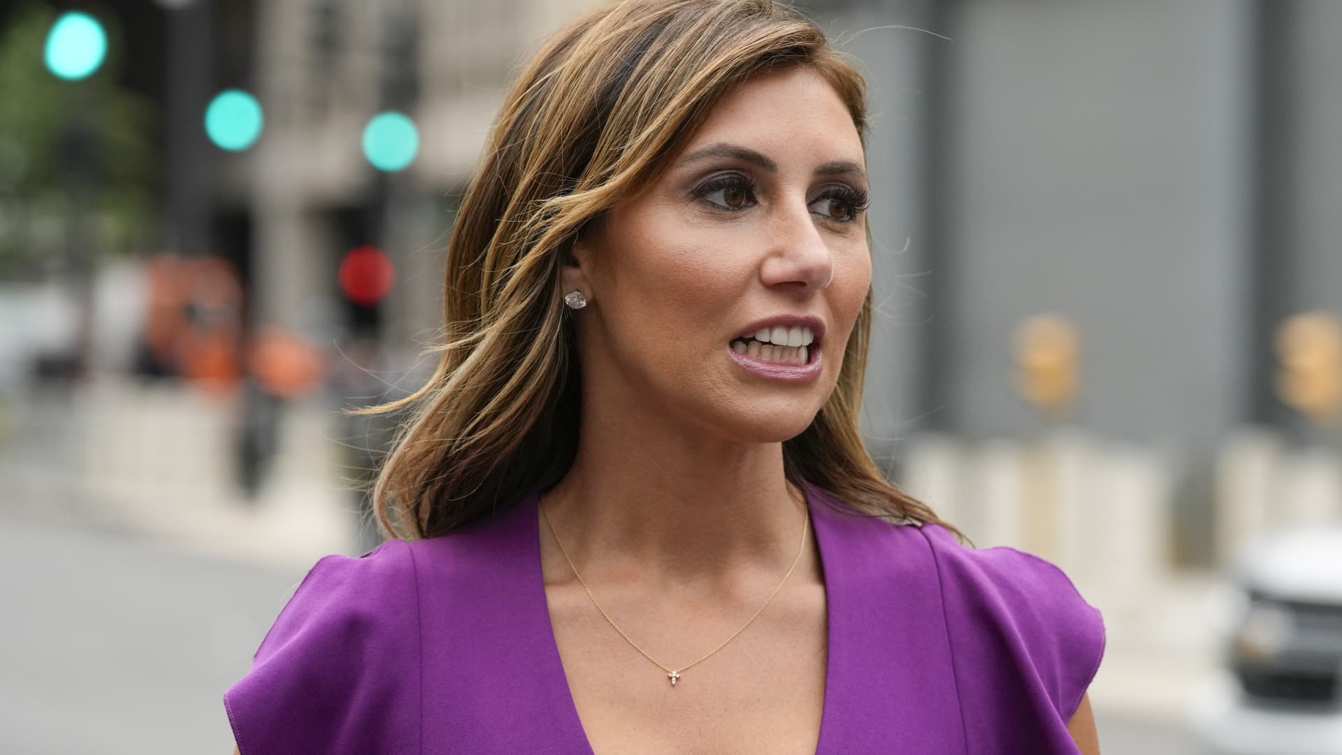 Alina Habba, a lawyer for former President Donald Trump, speaks after Trump arrived at the E. Barrett Prettyman U.S. Federal Courthouse, Thursday, Aug. 3, 2023, in Washington, to face a judge on federal conspiracy charges alleging Trump conspired to subvert the 2020 election.