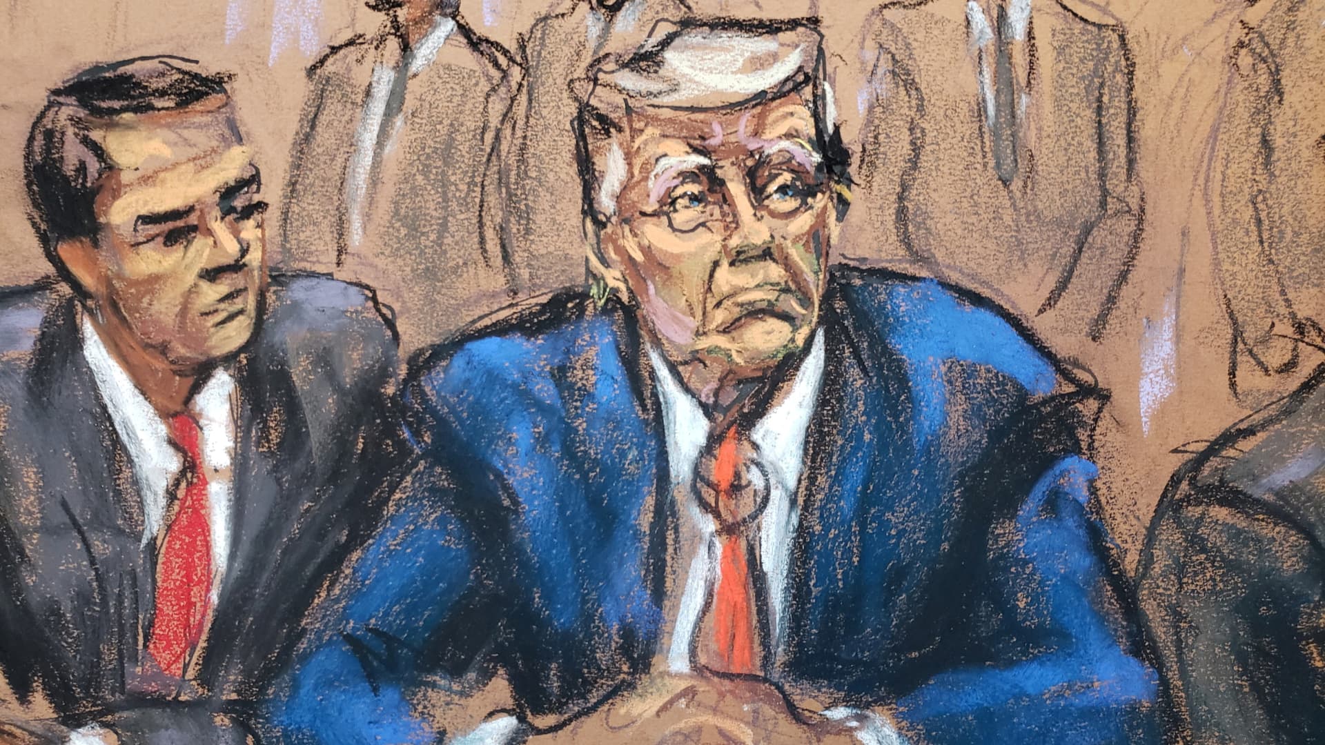Former U.S. President Donald Trump sits next to his attorney Todd Blanche as he faces charges before Magistrate Judge Moxila A. Upadhyaya that he orchestrated a plot to try to overturn his 2020 election loss, at federal court in Washington, U.S. August 3, 2023 in a courtroom sketch. 