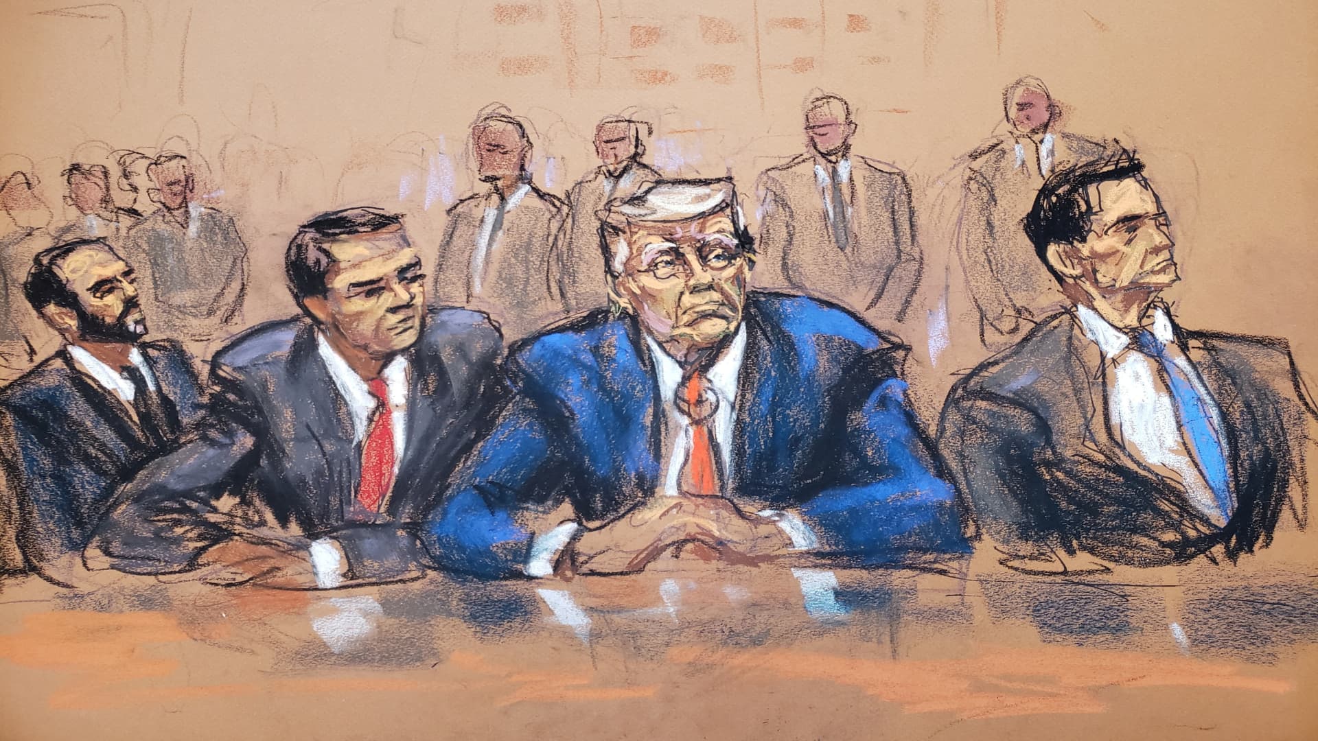 Former U.S. President Donald Trump sits between his attorneys Todd Blanche and John Lauro as he faces charges before Magistrate Judge Moxila A. Upadhyaya that he orchestrated a plot to try to overturn his 2020 election loss, at federal court in Washington, U.S. August 3, 2023 in a courtroom sketch. At far left is U.S. Special Counsel Jack Smith. 