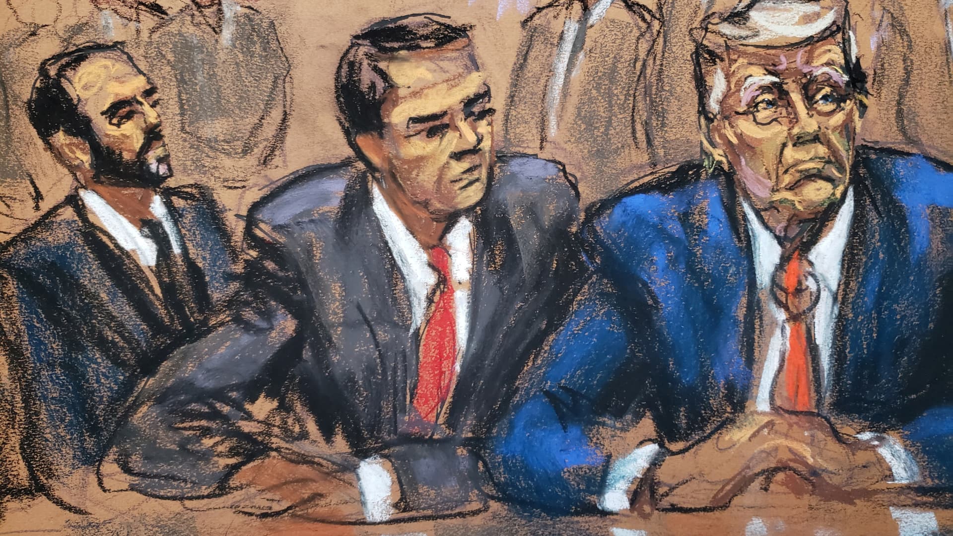 Former U.S. President Donald Trump sits next to his attorney Todd Blanche as he faces charges before Magistrate Judge Moxila A. Upadhyaya that he orchestrated a plot to try to overturn his 2020 election loss, at federal court in Washington, U.S. August 3, 2023 in a courtroom sketch. At far left is U.S. Special Counsel Jack Smith. 