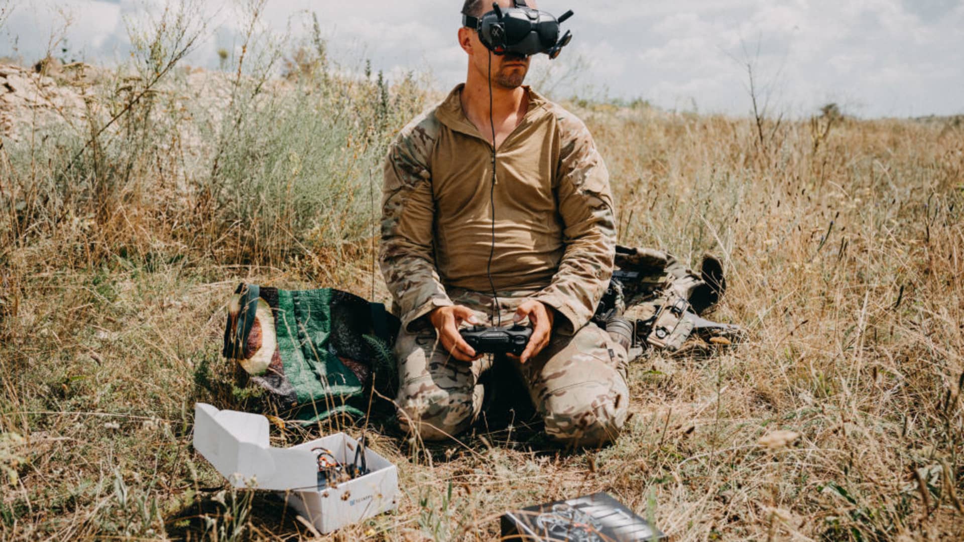 A Ukrainian soldier of the 24th Separate Mechanized Brigade, named after King Danylo, operates the test flight a new FPV drone in the training area as soldiers test their new military equipment as Russia-Ukraine war continues in Donetsk Oblast, Ukraine on August 03, 2023. 