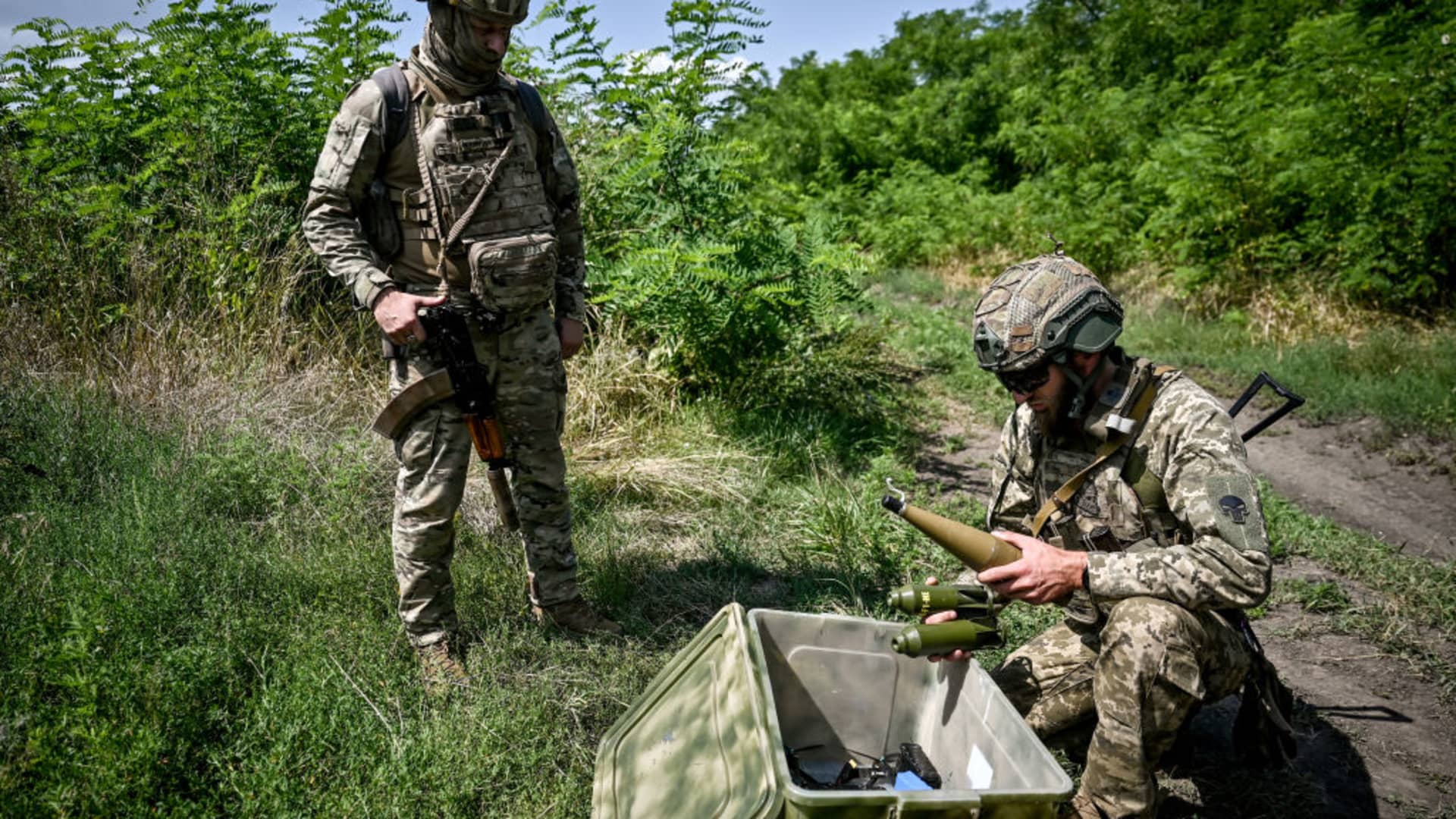 Servicemen of the Vykhor Dnipro unit of the 108th Separate Brigade of the Territorial Defence Forces of the Armed Forces of Ukraine on a combat mission in the Zaporizhzhia direction, southeastern Ukraine, on August 4, 2023. The unit operates unmanned combat aerial vehicles.