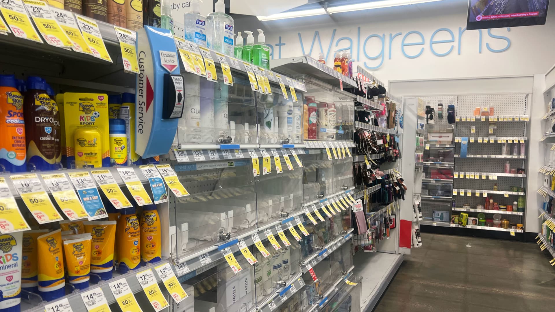 A Walgreens aisle with locked and unlocked areas