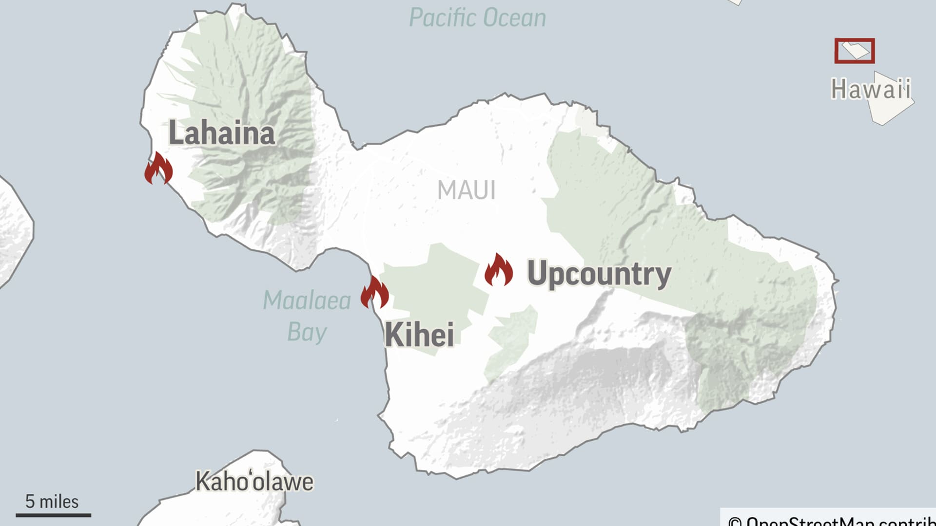 This graphic shows the location of fires on the island of Maui, Hawaii, Thursday, Aug. 10, 2023. Several thousand Hawaii residents raced to escape homes on Maui as the Lahaina fire swept across the island, killing multiple people and burning parts of a centuries-old town.