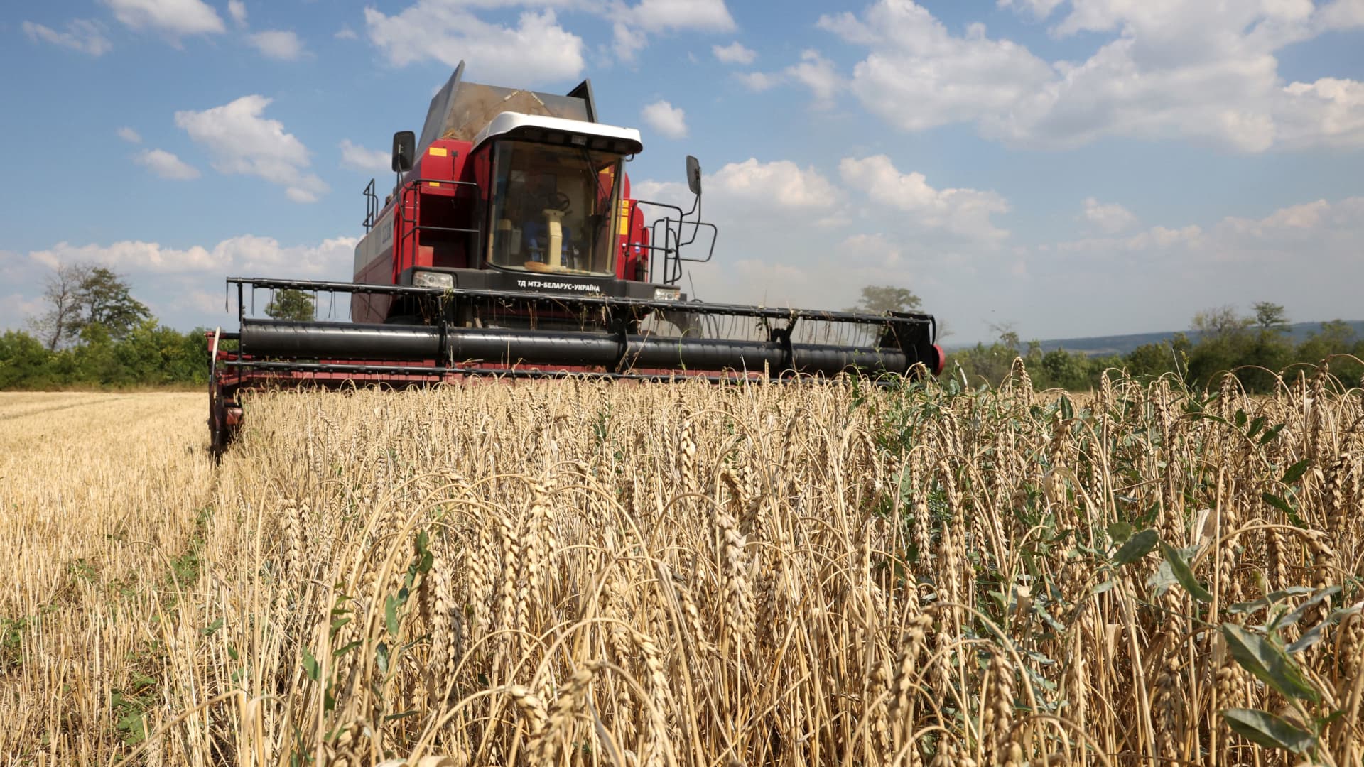 A combine harvests wheat near Kramatorsk, in Donetsk region on August 4, 2023, amid the Russian invasion of Ukraine. 