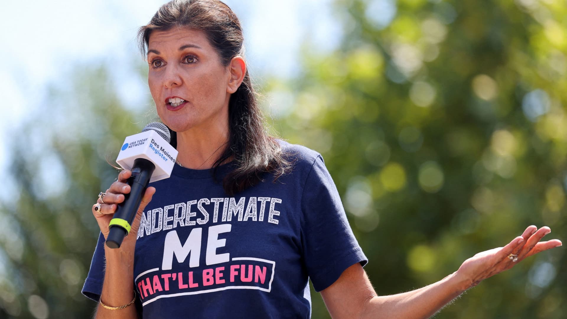 Republican presidential candidate Nikki Haley delivers her political soapbox speech at the Iowa State Fair in Des Moines, Iowa, U.S. August 12, 2023. 