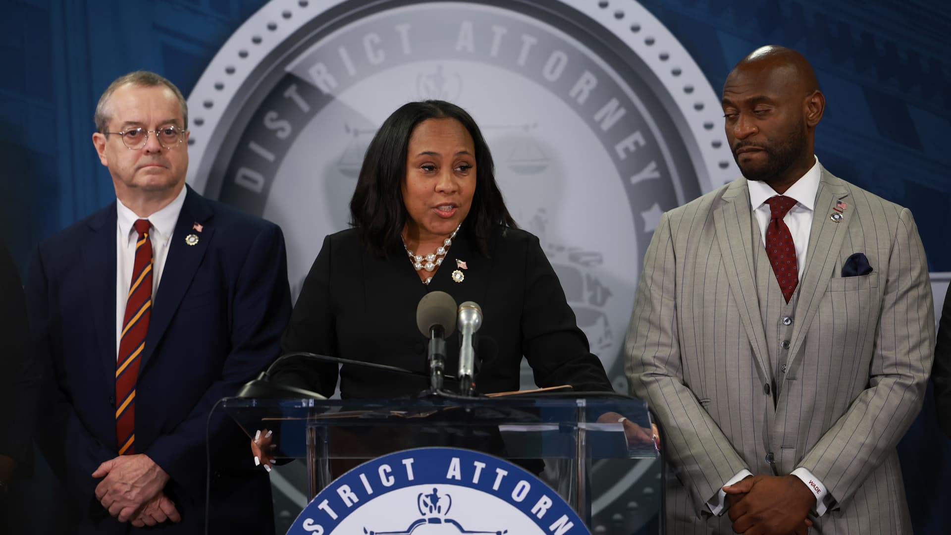Fulton County District Attorney Fani Willis speaks during a news conference at the Fulton County Government building on August 14, 2023 in Atlanta, Georgia. 