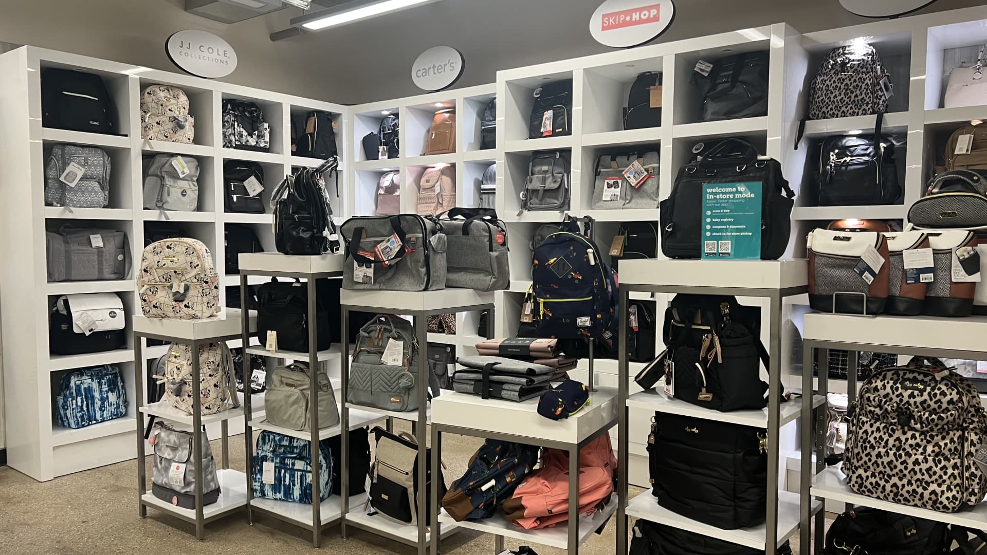 A display of diaper bags at a Buy Buy Baby location in Brooklyn, New York in January 2023.