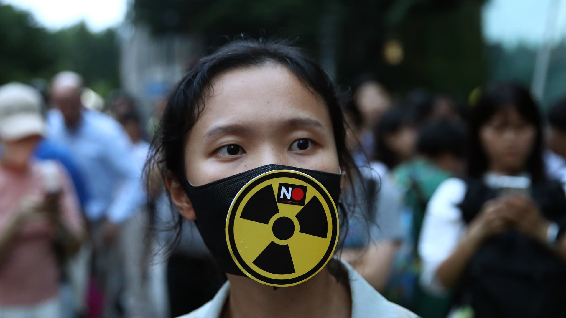 South Korean protesters participate in a rally against Japanese government's decision to release treated radioactive water into the Pacific Ocean, on August 22, 2023 in Seoul, South Korea.