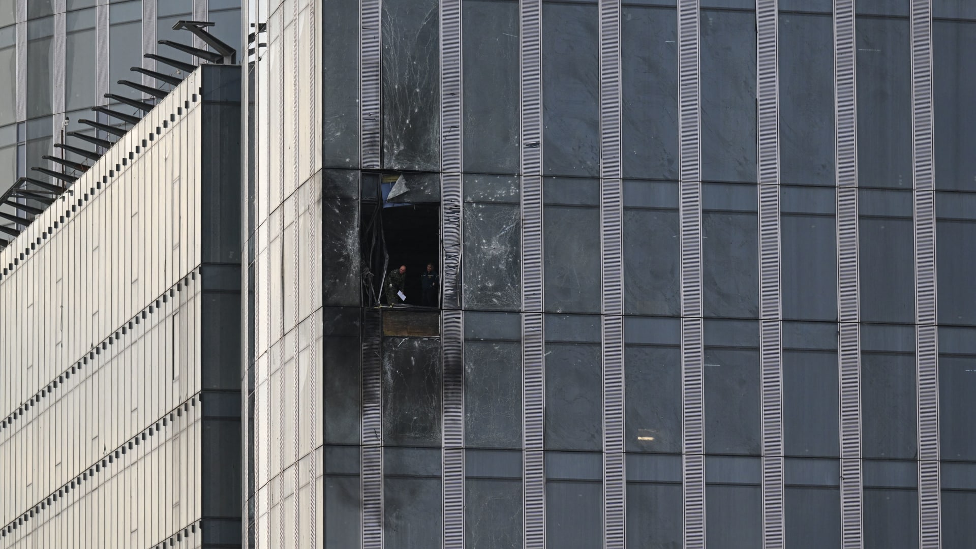 A building of the Moscow International Business Center, Moskva City, damaged after a drone attack on Aug. 23, 2023.
