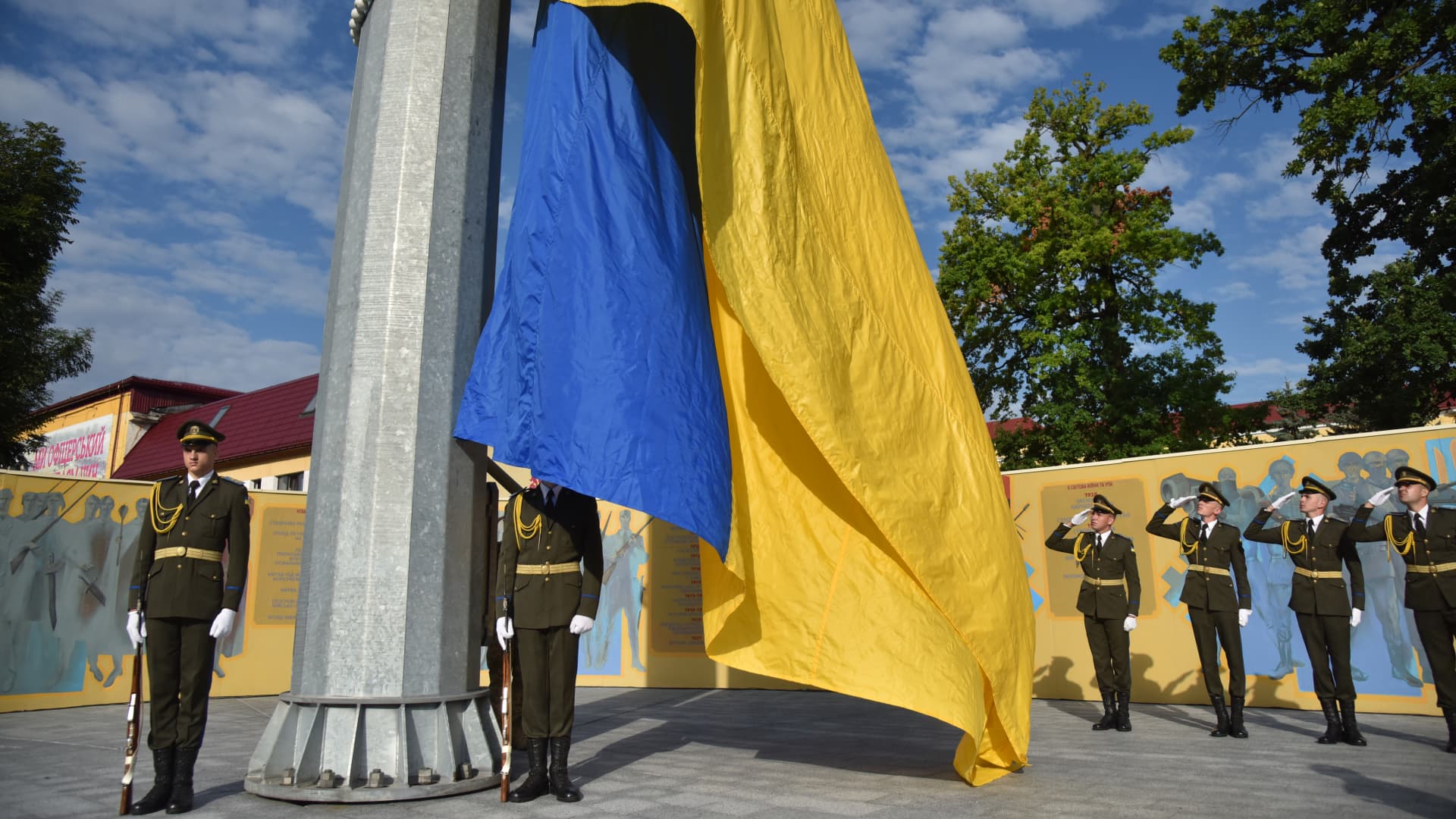The ceremony of raising the Ukrainian flag on the largest flagpole in the city during the celebration of the National Flag Day of Ukraine in Lviv, Ukraine on August 23, 2023. 
