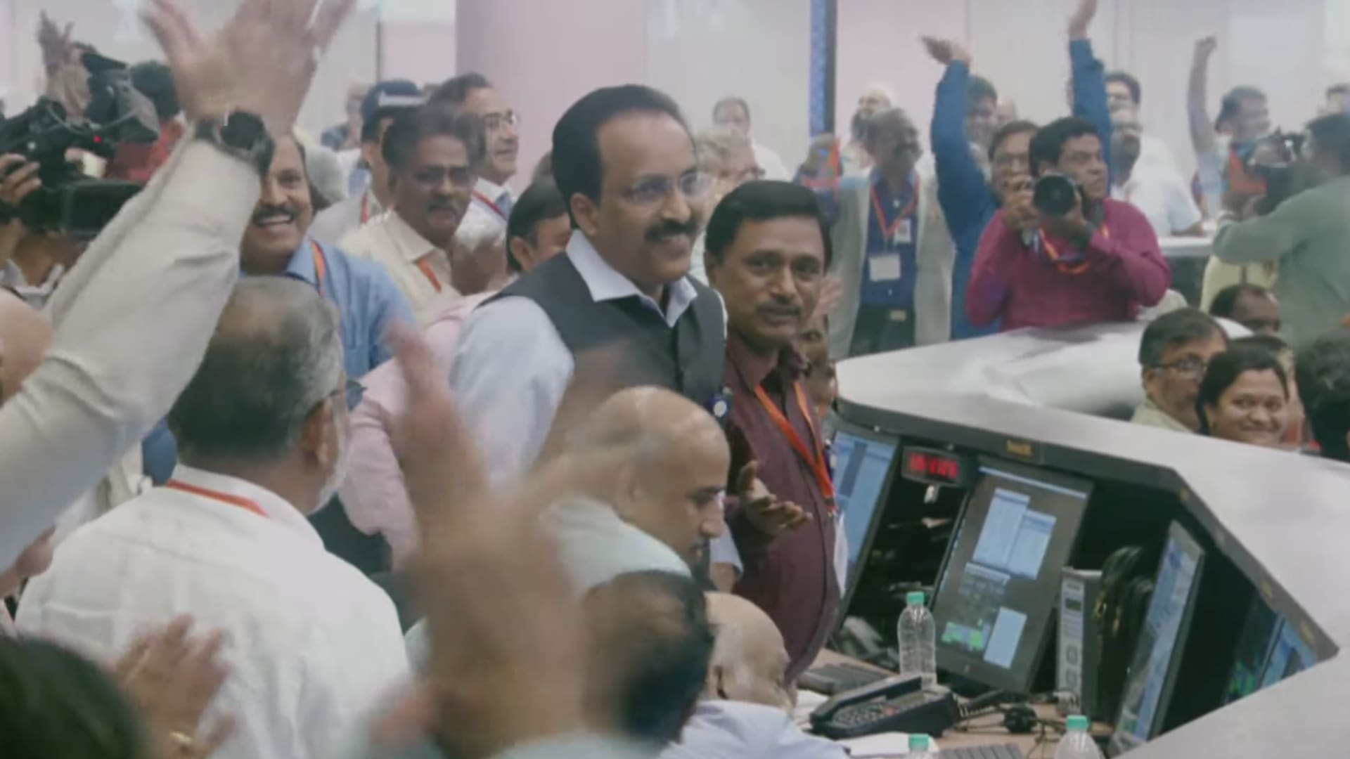The Indian Space Research Organisation mission control room celebrates the successful landing of the Chandrayaan-3 mission.
