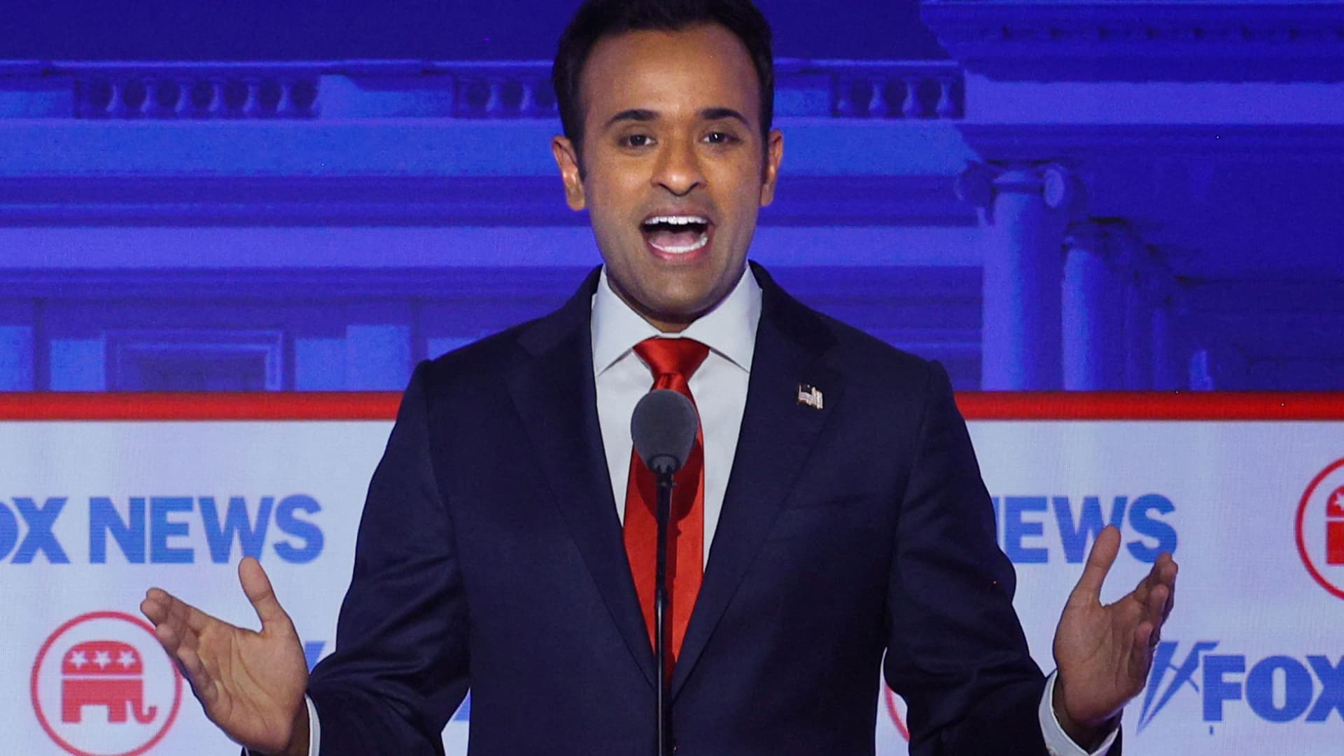 Former biotech executive Vivek Ramaswamy speaks at the first Republican candidates' debate of the 2024 U.S. presidential campaign in Milwaukee, Wisconsin, August 23, 2023.