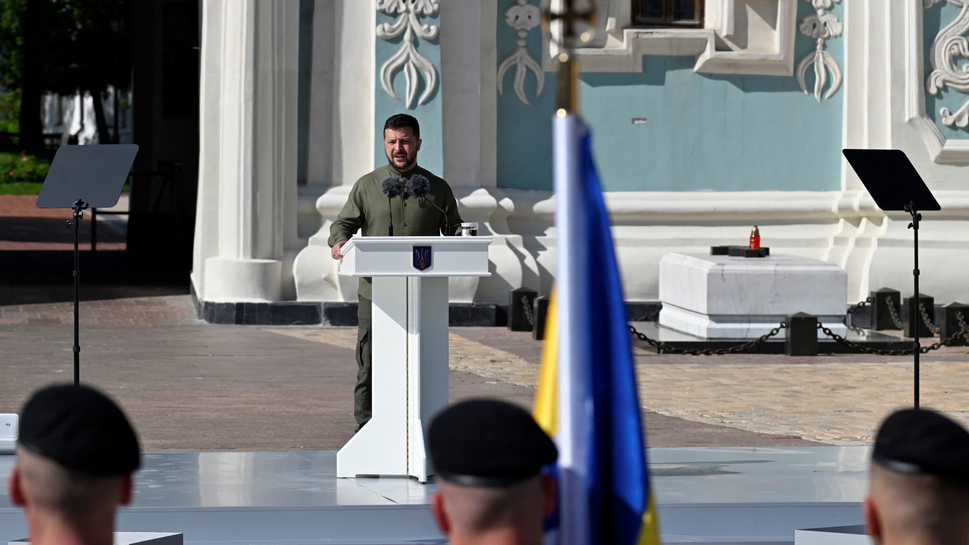Ukraine's President Volodymyr Zelensky addresses Ukrainian servicemen during a ceremony marking Ukraine's Independence Day, in Kyiv on August 24, 2023, amid the Russian invasion of Ukraine.