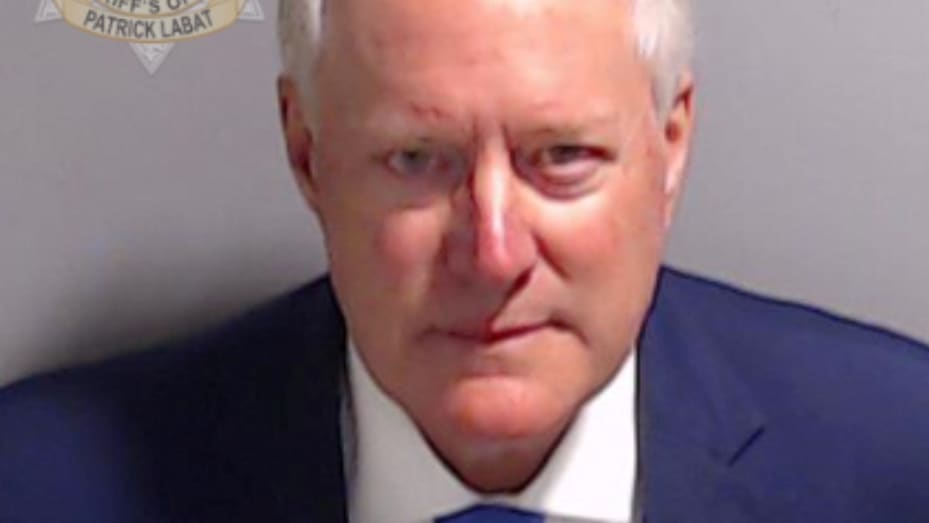 Mark Meadows in a police booking mugshot released by the Fulton County Sheriff's Office, after a Grand Jury brought back indictments against former U.S. President Donald Trump and 18 of his allies in their attempt to overturn the state's 2020 election results in Atlanta, Georgia, U.S., August 24, 2023. Fulton County Sheriff's Office/Handout via REUTERS THIS IMAGE HAS BEEN SUPPLIED BY A THIRD PARTY.