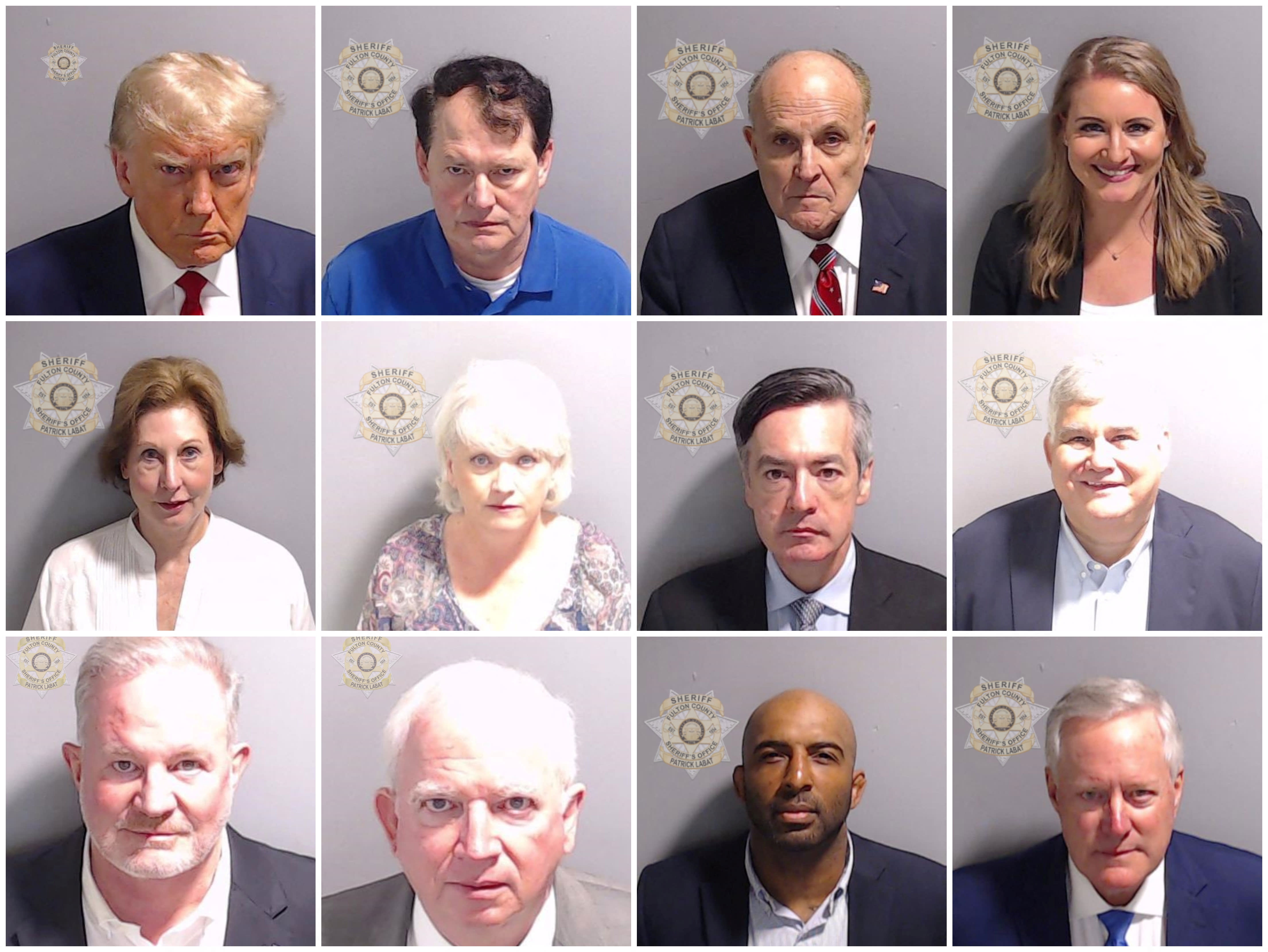 A combination picture shows police booking mugshots of former U.S. President Donald Trump and 11 of the 18 people indicted with him, including Ray Smith, a lawyer who previously represented Trump in Georgia, Rudy Giuliani, who served as Trump's personal lawyer, Jenna Ellis, Sidney Powell, former Georgia Republican Party leader Cathy Latham, Trump campaign attorney Kenneth Chesebro, former Georgia Republican Party leader David Shafer, Republican poll watcher Scott Hall, Trump's former lawyer John Eastman, Harrison Floyd and former White House Chief of Staff Mark Meadows.