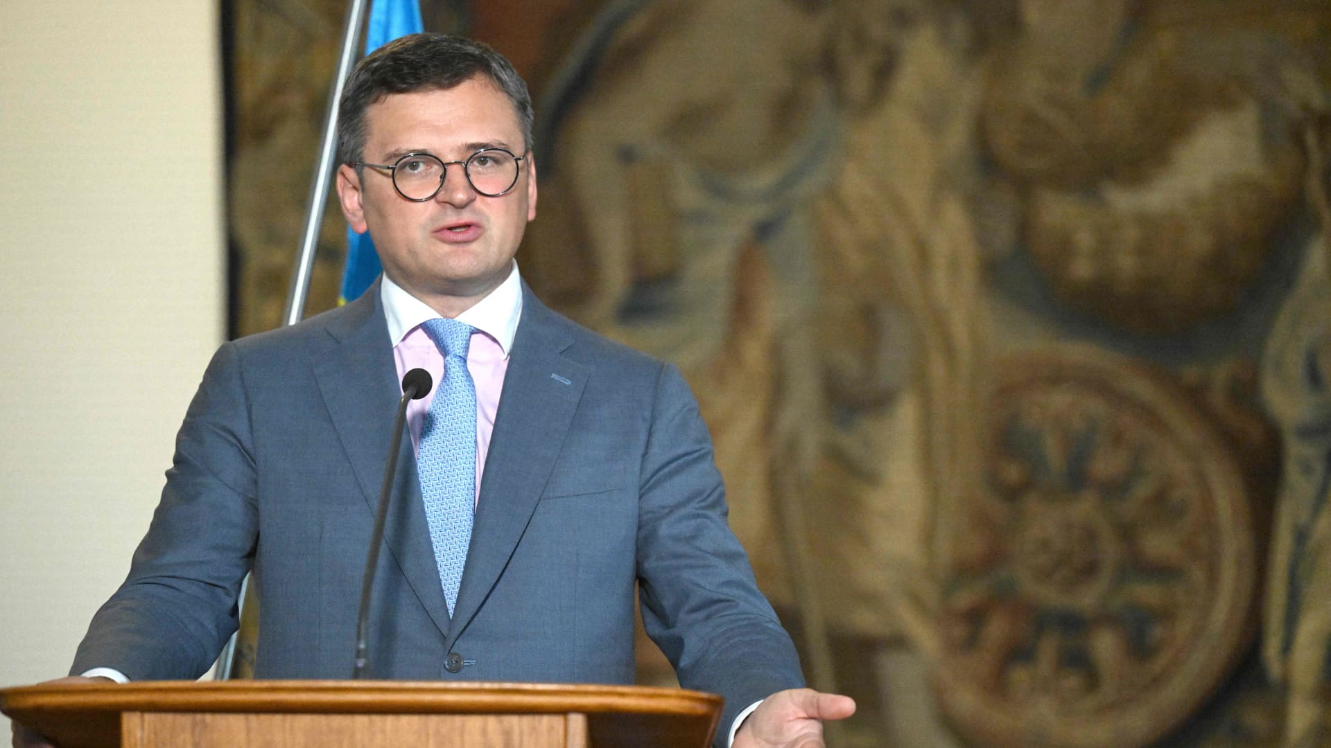 Ukrainian Foreign Minister Dmytro Kuleba at a joint press conference with his Czech counterpart on Aug. 28, 2023 in Prague, Czech Republic.