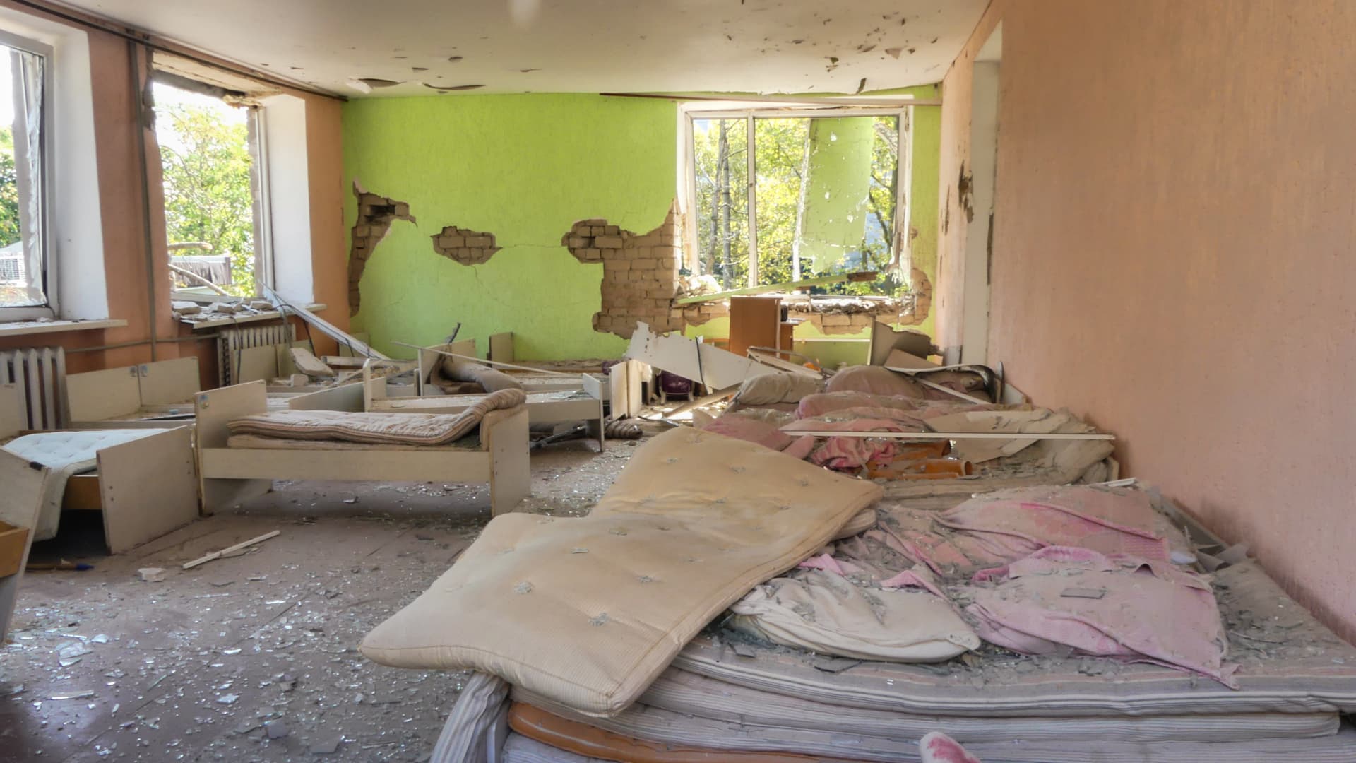 A kindergarten damaged by Russian shelling on Aug. 28, 2023 in Kherson, Ukraine.