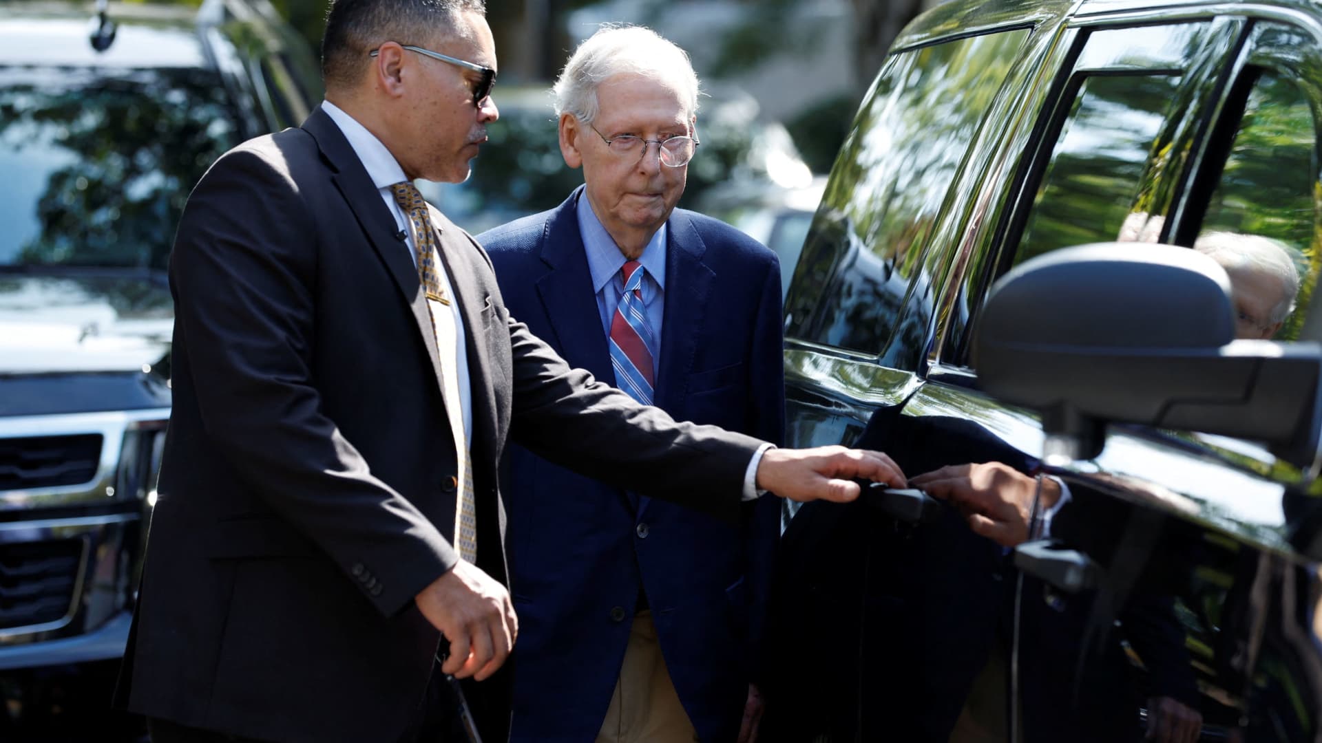 U.S. Senate Minority Leader Mitch McConnell leaves his Washington, D.C., house to return to work at the U.S. Senate, less than a week after he froze for more than 30 seconds while speaking to reporters at an event in his home state of Kentucky, in Washington, D.C., Sept. 5, 2023.