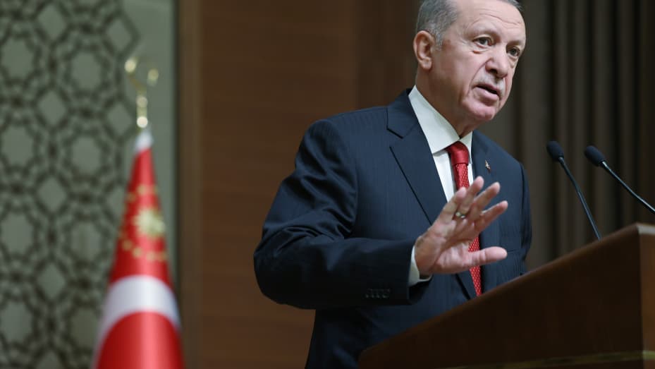 Turkish President Recep Tayyip Erdogan speaks during the launch of Medium Term Programme at the Presidential Complex in Ankara, Turkiye on September 06, 2023.