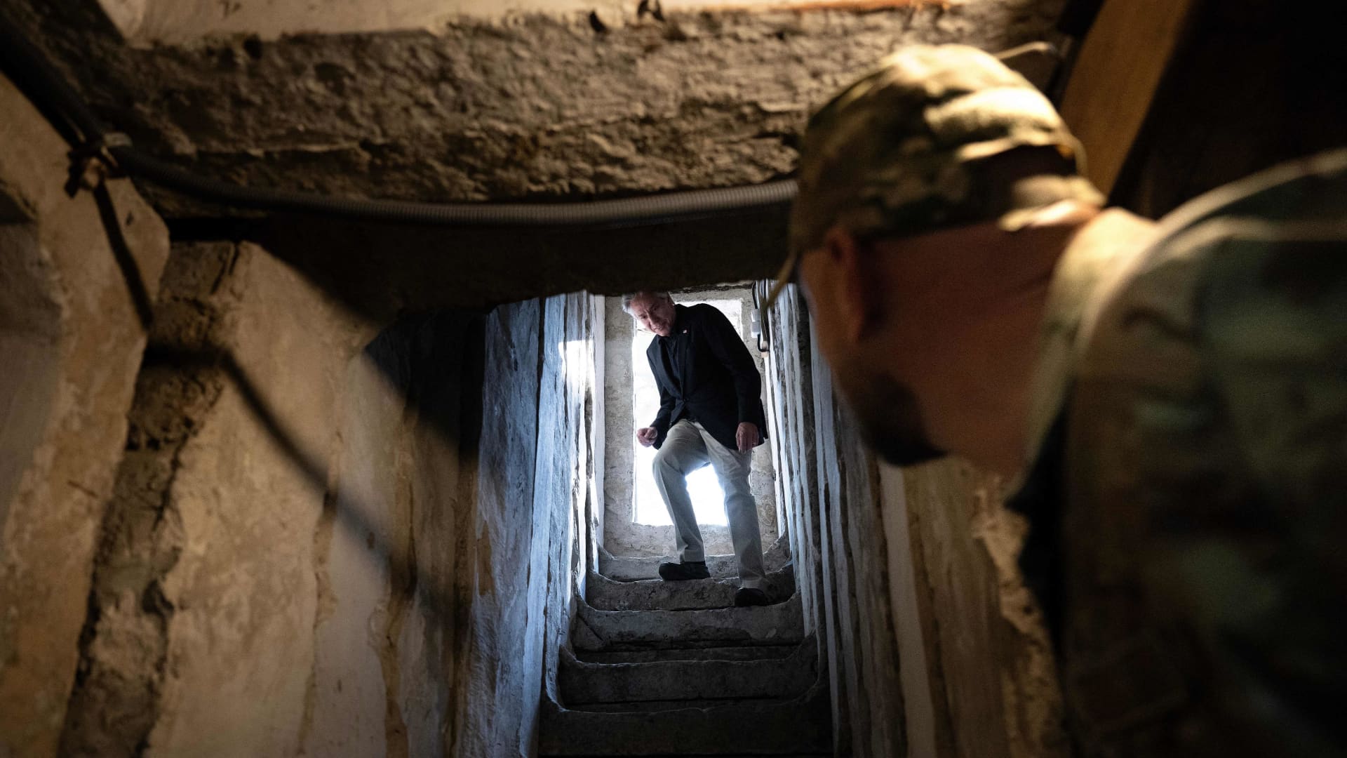 US Secretary of State Antony Blinken enters a bunker at a State Border Guard of Ukraine Detached Commandant Office of Security and Resource Supply site September 7, 2023, in the Kyiv Oblast. 