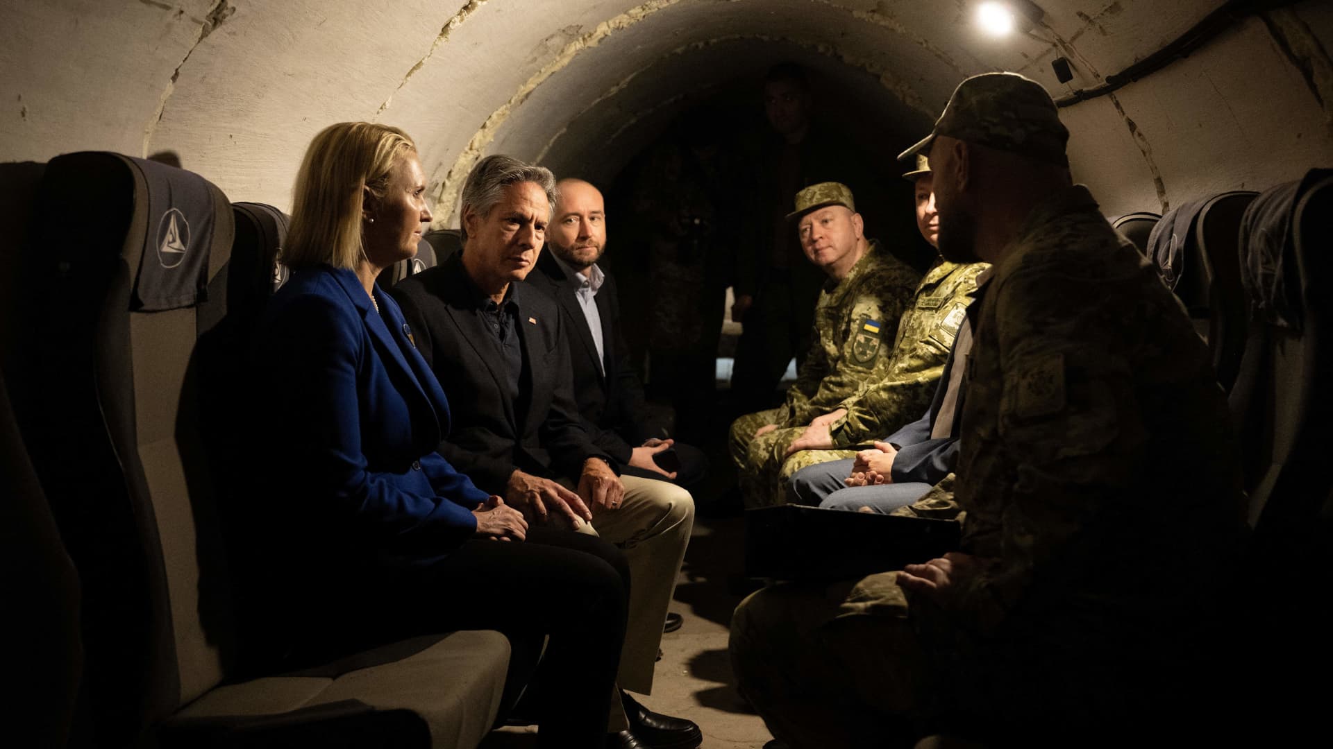Secretary of State Antony Blinken tours a bunker with U.S. Ambassador to Ukraine Bridget Brink and others at a State Border Guard of Ukraine Detached Commandant Office of Security and Resource Supply site September 7, 2023, in the Kyiv Oblast.