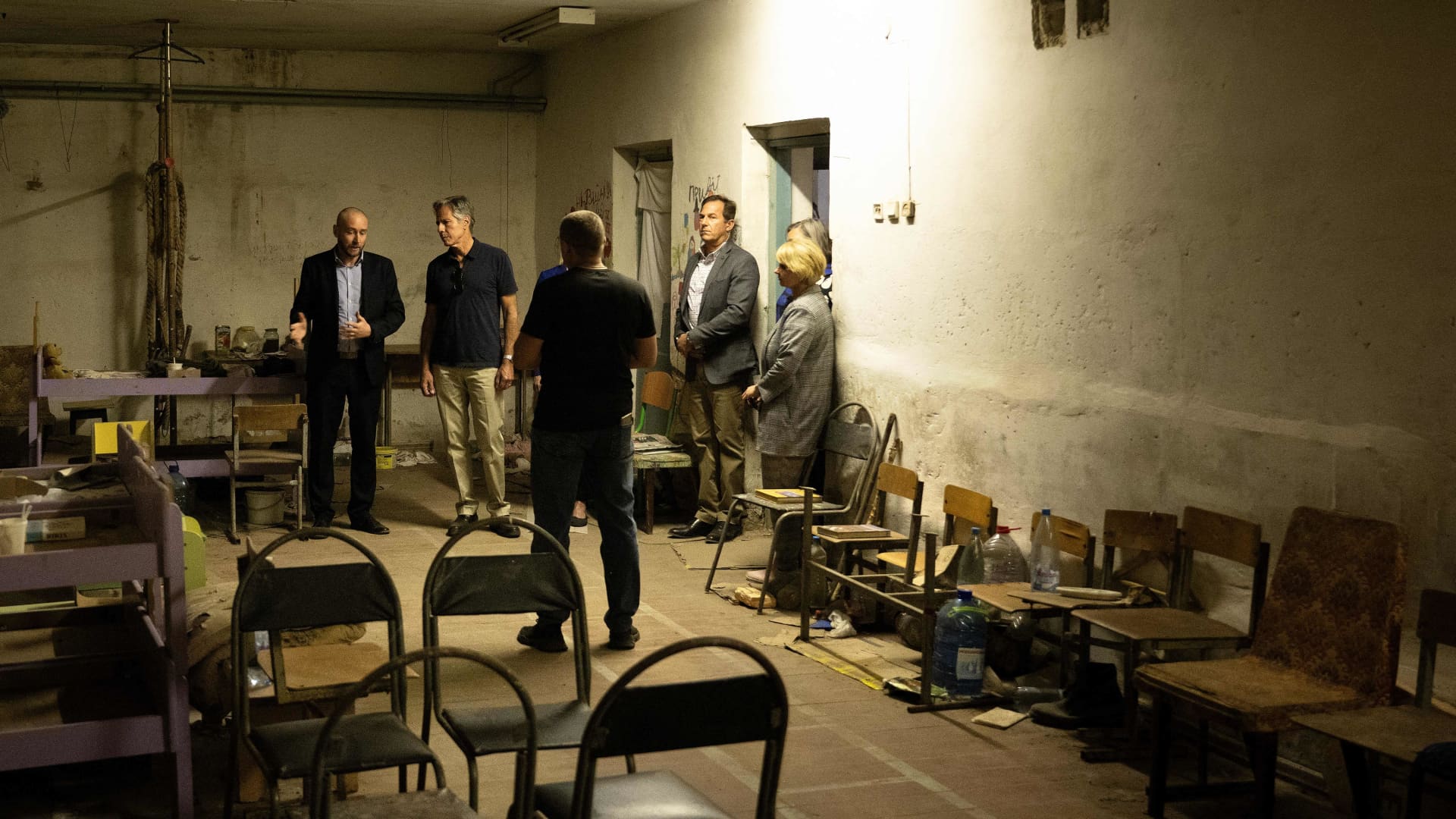 U.S. Secretary of State Antony Blinken visits a basement reportedly used to hold people captive as he tours the Yahidne School which is being turned into a museum, in Yahidne on September 7, 2023.