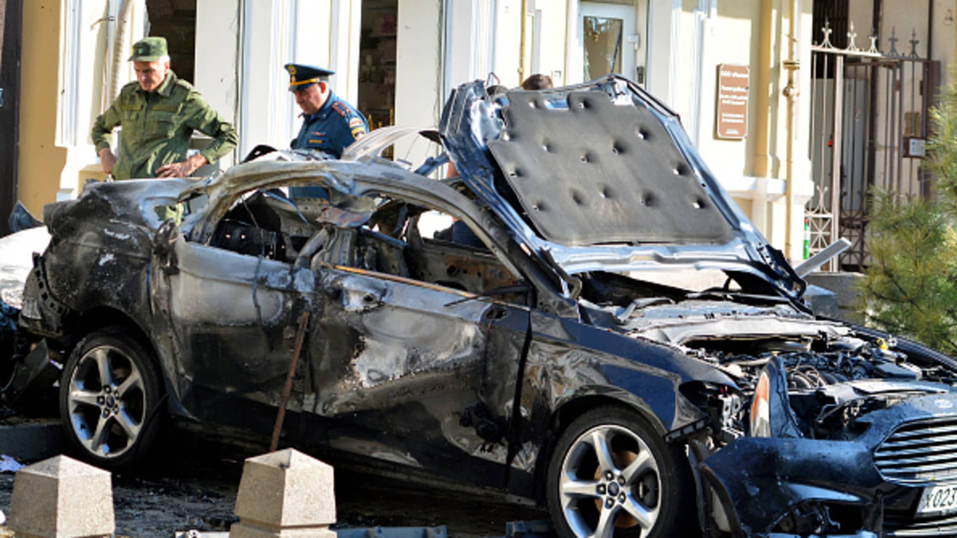 A view of the damaged car after a Ukrainian drone strike in Rostov-On-Don, Russia on September 07, 2023. 