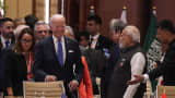 US President Joe Biden (C) and Indian Prime Minister Narendra Modi (2R) arrive for the first session of the G20 Leaders' Summit in New Delhi on September 9, 2023.