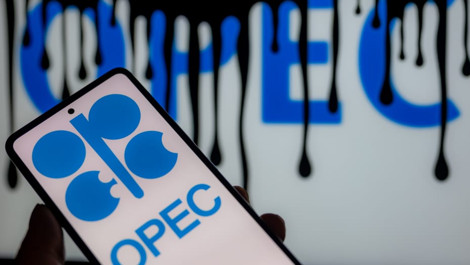 Opec logo displayed on a smart phone with Opec  seen in the background, in this photo illustration. On 10 September 2023. In Brussels, Belgium.  (Photo illustration by Jonathan Raa/NurPhoto via Getty Images)