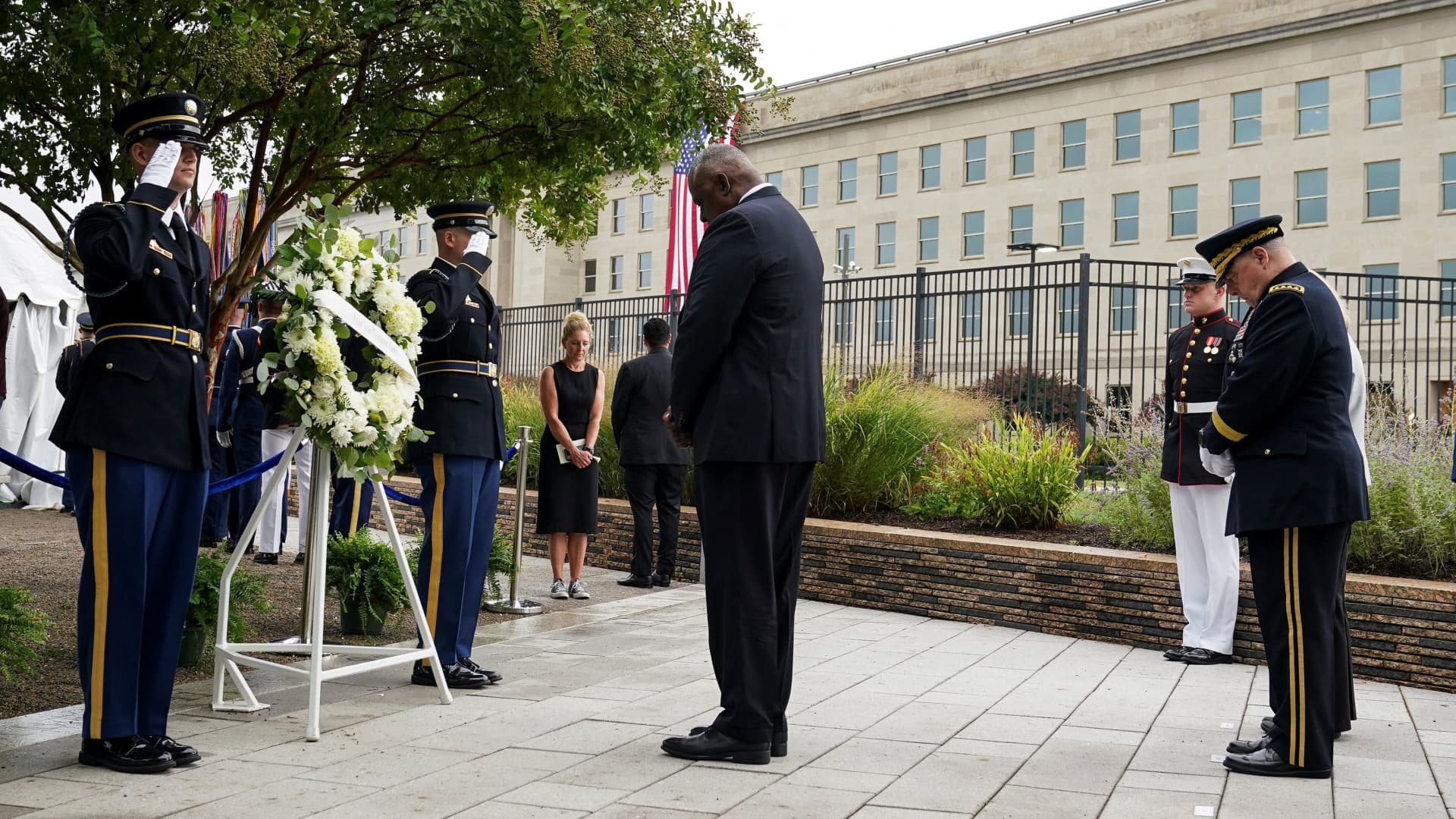 U.S. Secretary of Defense Lloyd J. Austin III lays a wreath during a ceremony to mark the 22nd anniversary of the Sept. 11, 2001, terrorist attacks, at the Pentagon, Sept. 11, 2023.