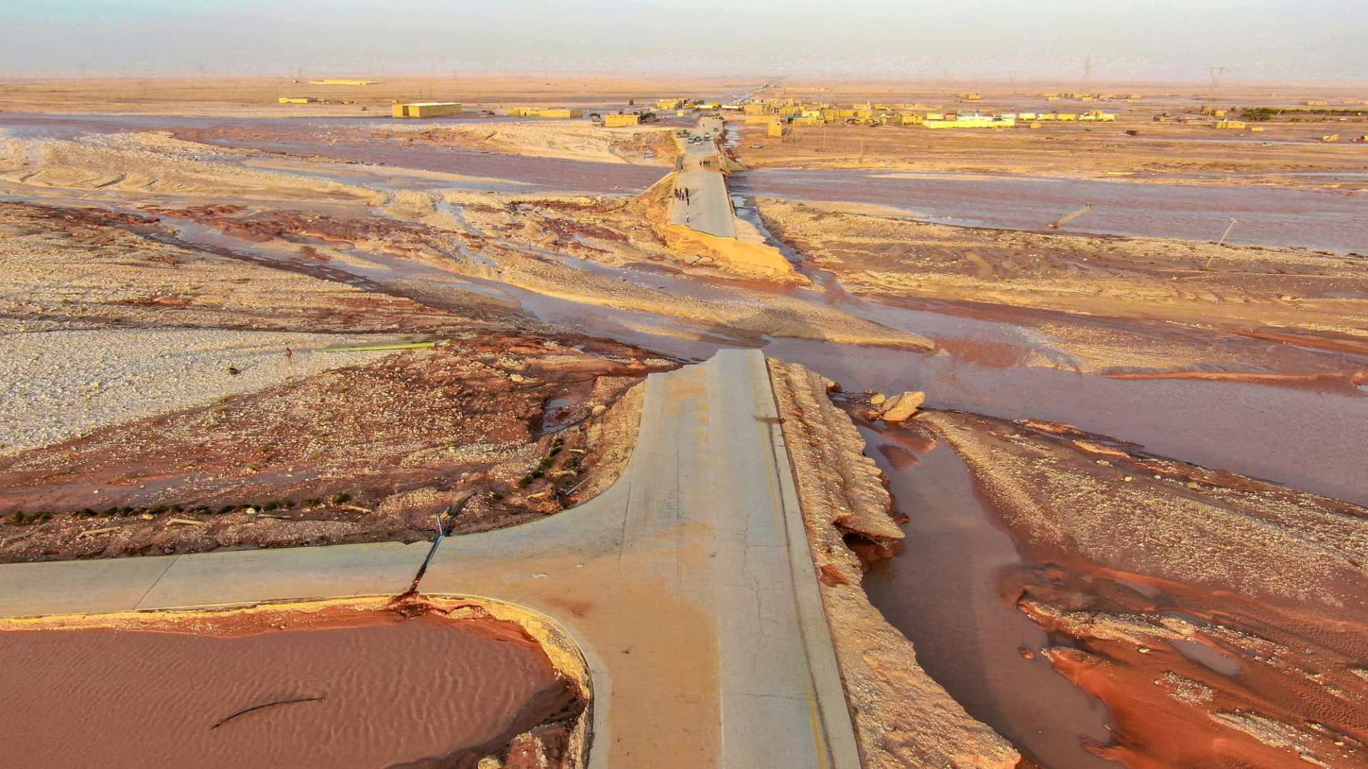 General view of flood water covering the area as a powerful storm and heavy rainfall hit Al-Mukhaili, Libya September 11, 2023, in this handout picture.