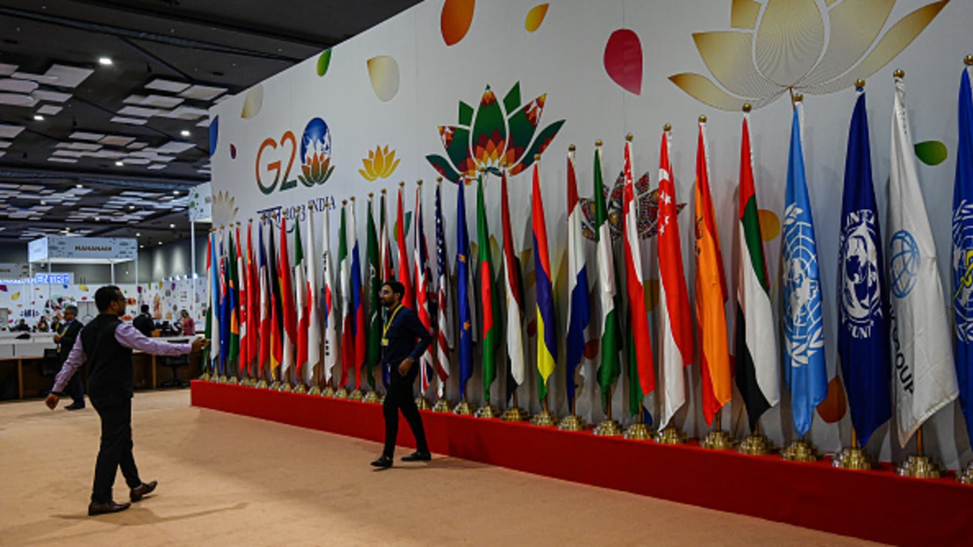 Flags displayed at the International Media Center ahead of the Group of 20 (G-20) Leaders Summit in New Delhi, India, on Friday, Sept. 8, 2023.