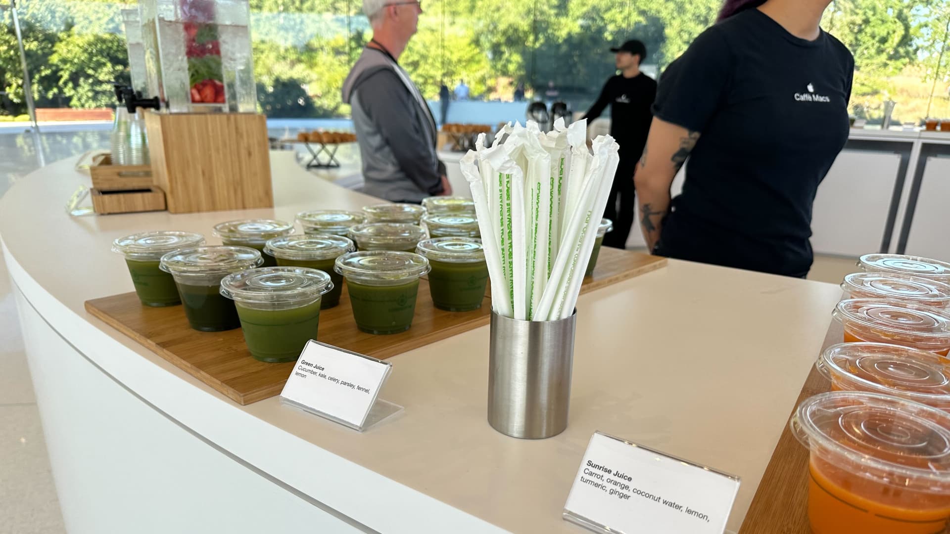 Drinks and snacks on display at the Apple event in Cupertino, California, Sept. 12, 2023.