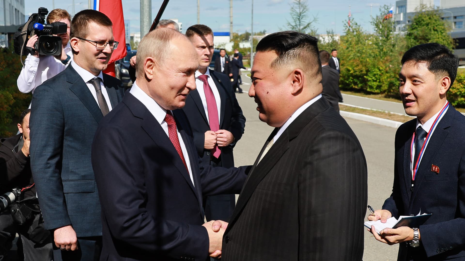 Russian President Vladimir Putin and North Korean leader Kim Jong Un during their meeting at the Vostochny Cosmodrome in the Amur region on Sept. 13, 2023.