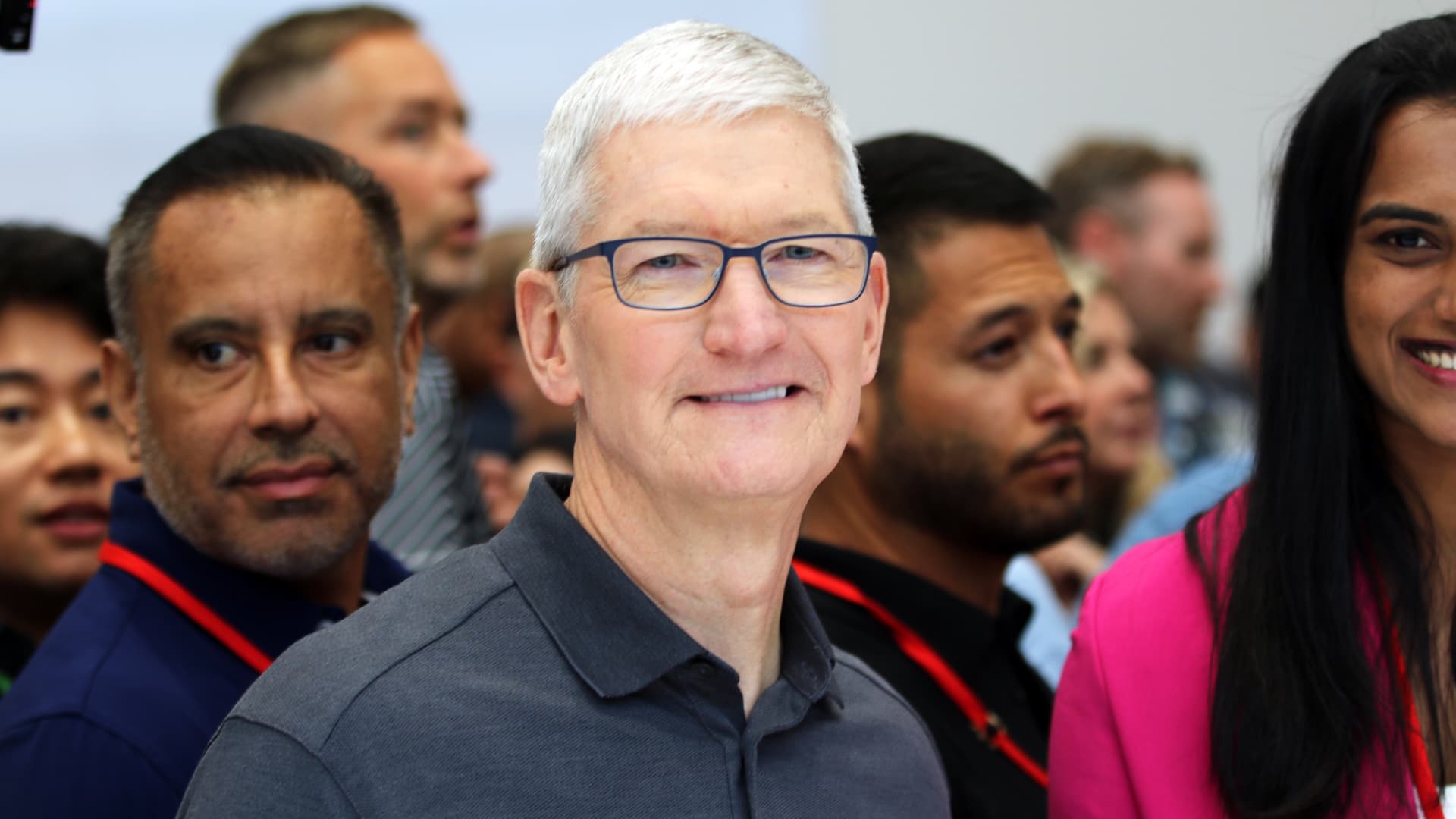 Apple CEO Tim Cook takes a dip in the crowd after the presentation of the new iPhone 15. 