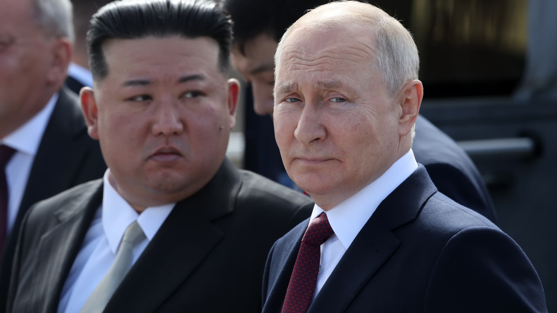 Russian President Vladimir Putin (R) and North Korean leader Kim Jong-un (L) visit a construction site of the Angara rocket launch complex on September 13, 2023 in Tsiolkovsky, Russia.