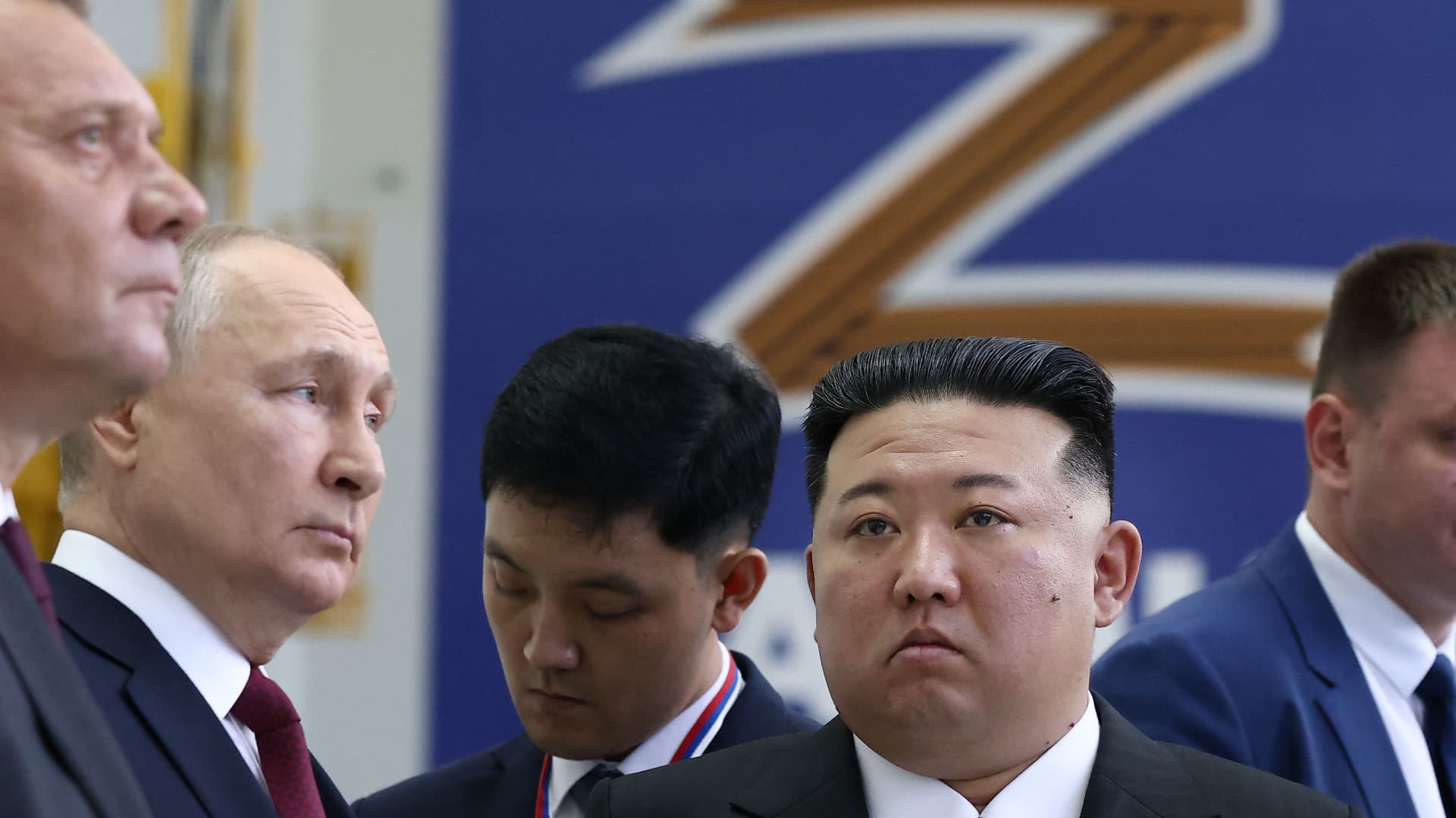 Russian President Vladimir Putin and North Korean leader Kim Jong Un at the Vostochny Cosmodrome in Amur region on Sept. 13, 2023.