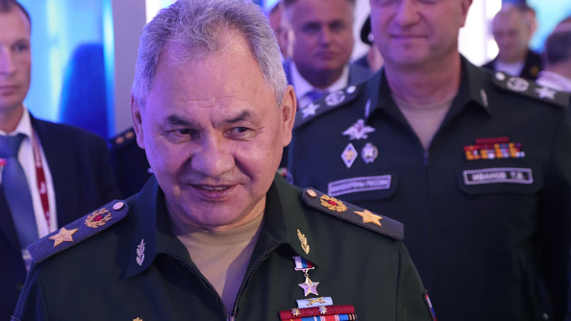 Russian Defense Minister Sergei Shoigu smiles while visiting the Army 2023 Exhibition on August 14, 2023 in Kubinka, Russia.