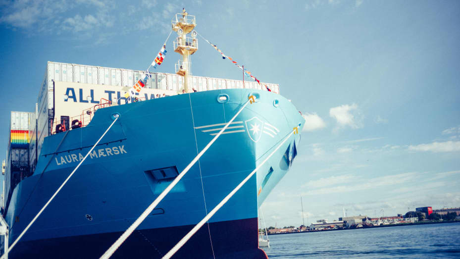 The Laura Maersk, Maersk's first green methanol ship, during its naming ceremony in Copenhagen, Denmark, on Thursday, Sept. 14, 2023.