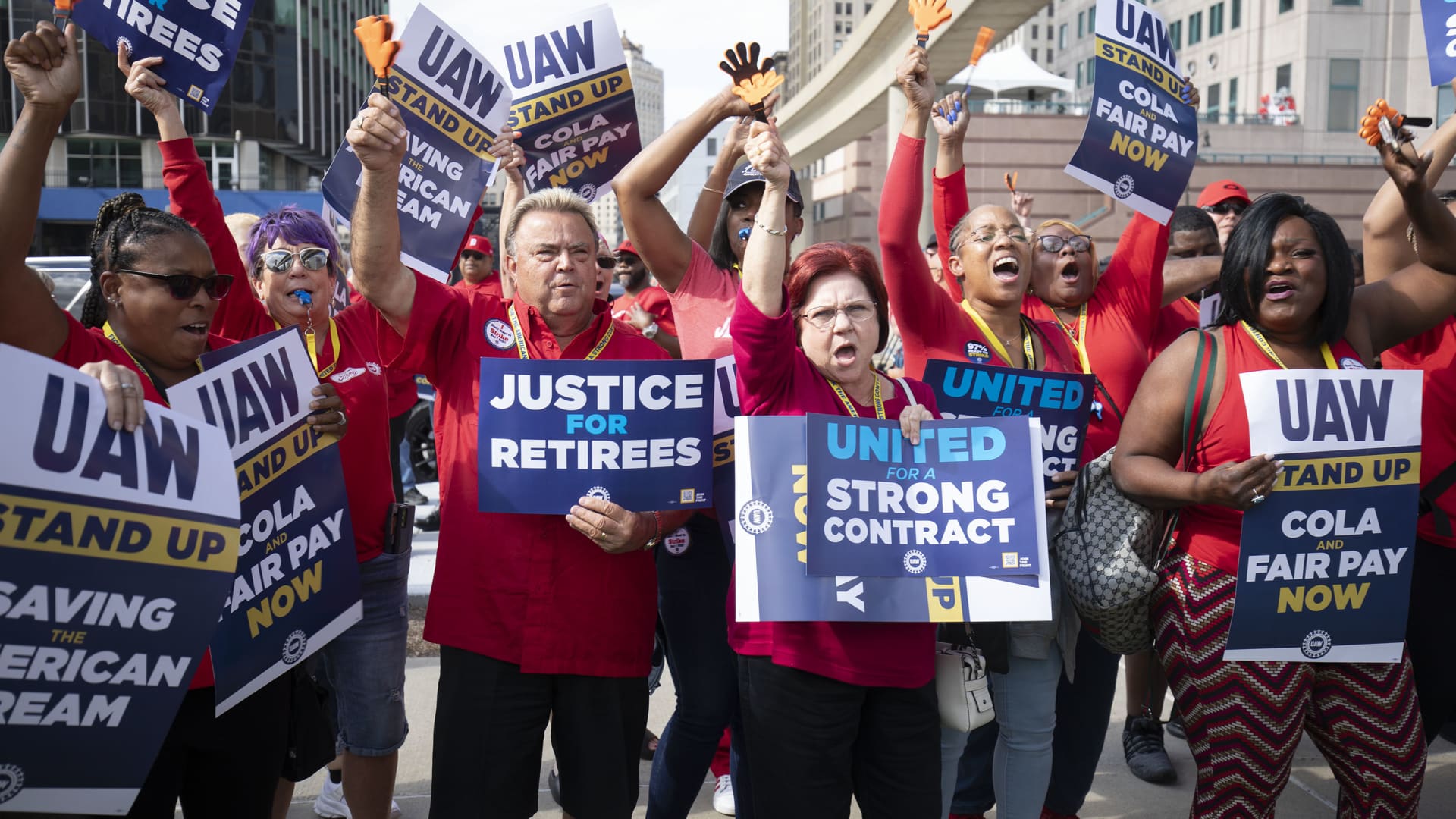 United Auto Workers members attend a solidarity rally as the UAW strikes the Big Three automakers on September 15, 2023 in Detroit, Michigan.
