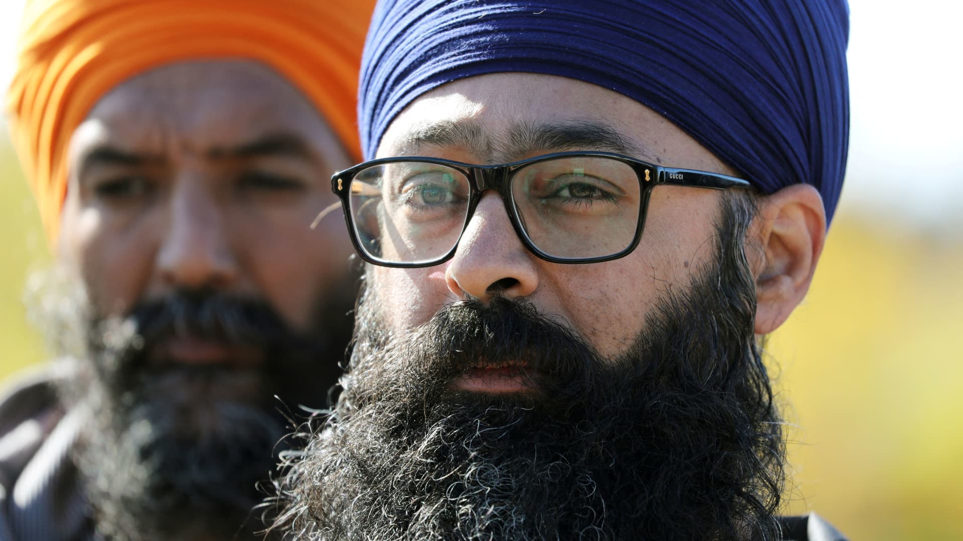 B.C. Sikh Gurdwara Council spokesperson Moninder Singh speaks with members of the news media outside the Guru Nanak Sikh Gurdwara temple, where Sikh leader Hardeep Singh Nijjar was killed on its grounds in June 2023, in Surrey, British Columbia, Canada September 18, 2023. 