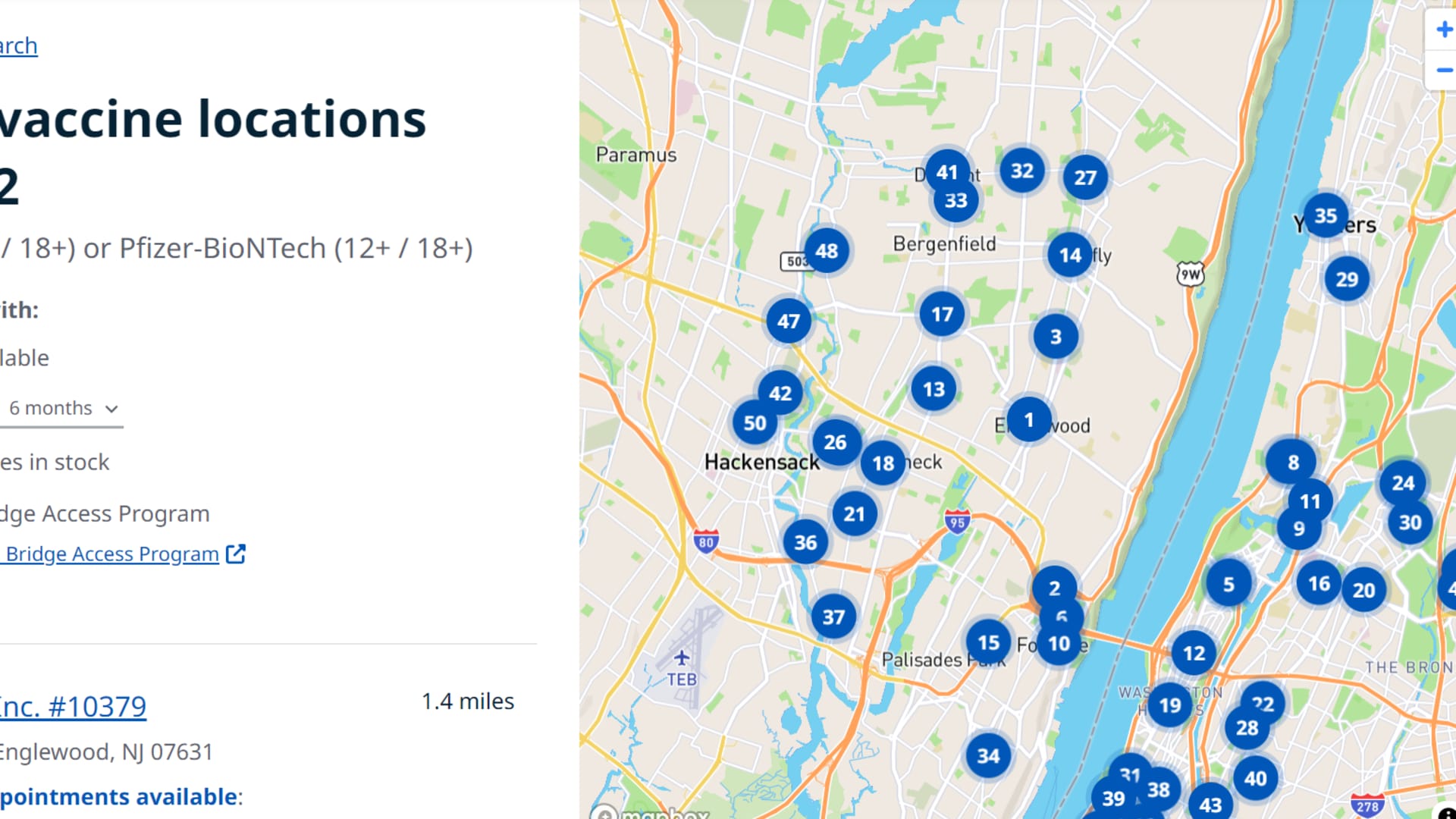 Vaccines.gov search tool displaying pharmacies and other locations offering free vaccines to uninsured Americans through the Biden administration's Bridge Access Program.
