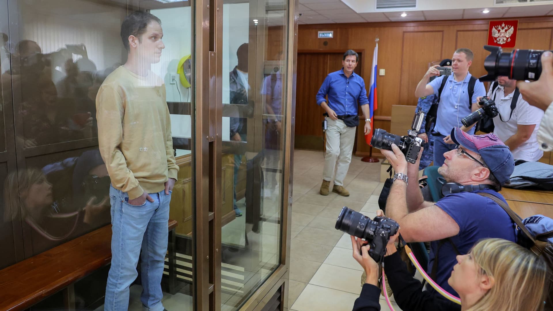 Wall Street Journal reporter Evan Gershkovich stands inside an enclosure for defendants before a court hearing to consider an appeal against his pre-trial detention on espionage charges in Moscow, Russia, September 19, 2023.