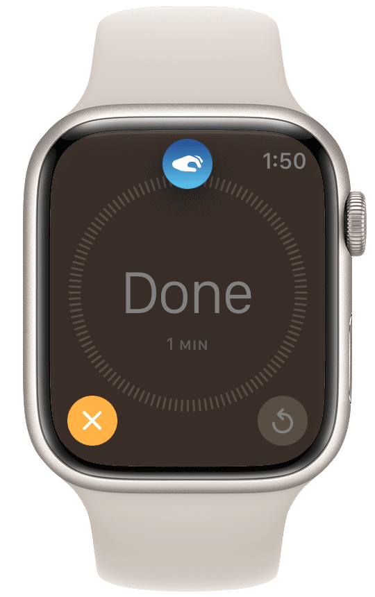 What it looks like when you double tap to stop a timer. The icon at the top of the screen appears when the watch recognizes the gesture. 