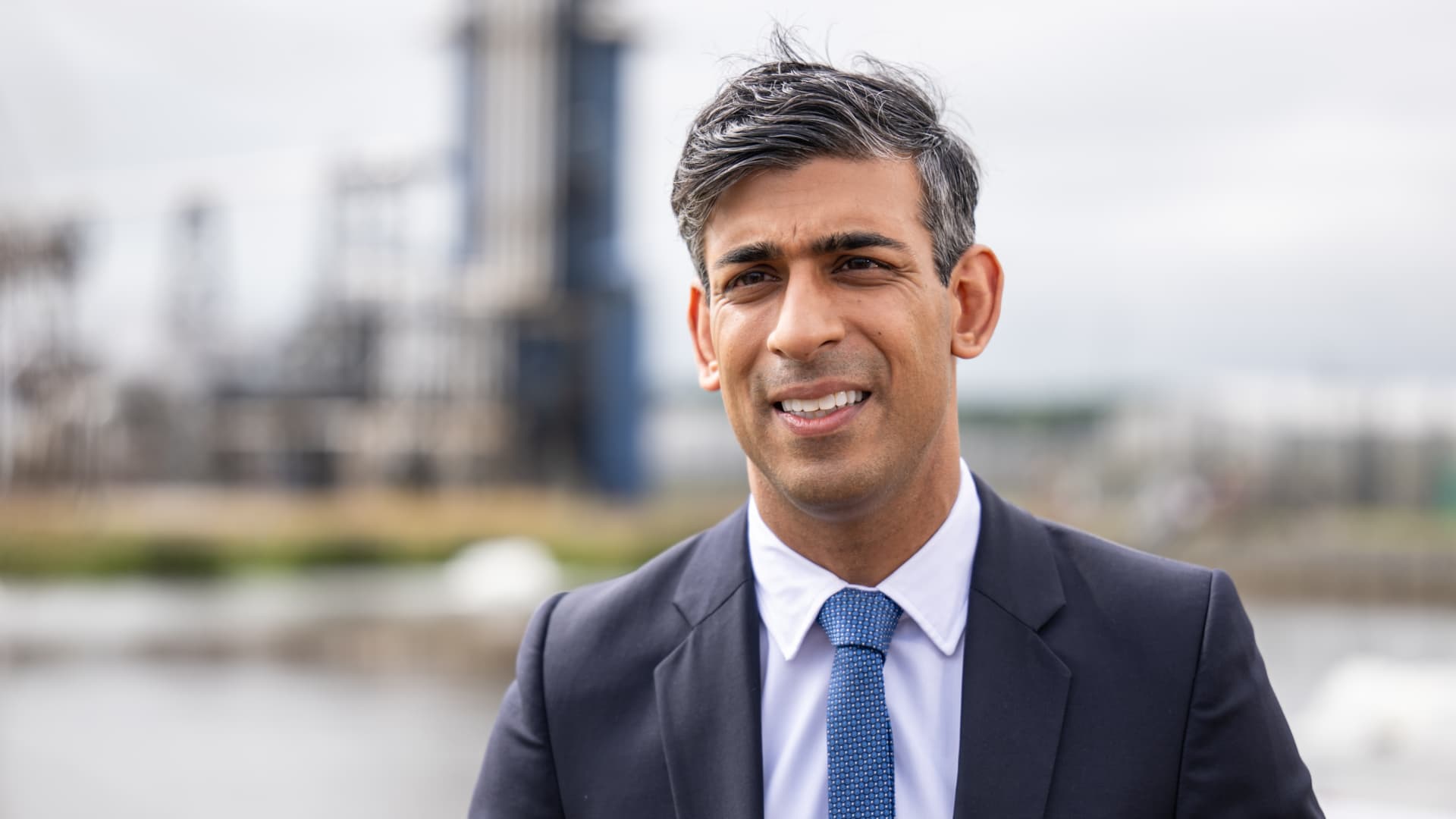 U.K. Prime Minister Rishi Sunak speaks to the media during his visit to Shell St Fergus Gas Plant in Peterhead on July 31, 2023 in Aberdeenshire, Scotland.