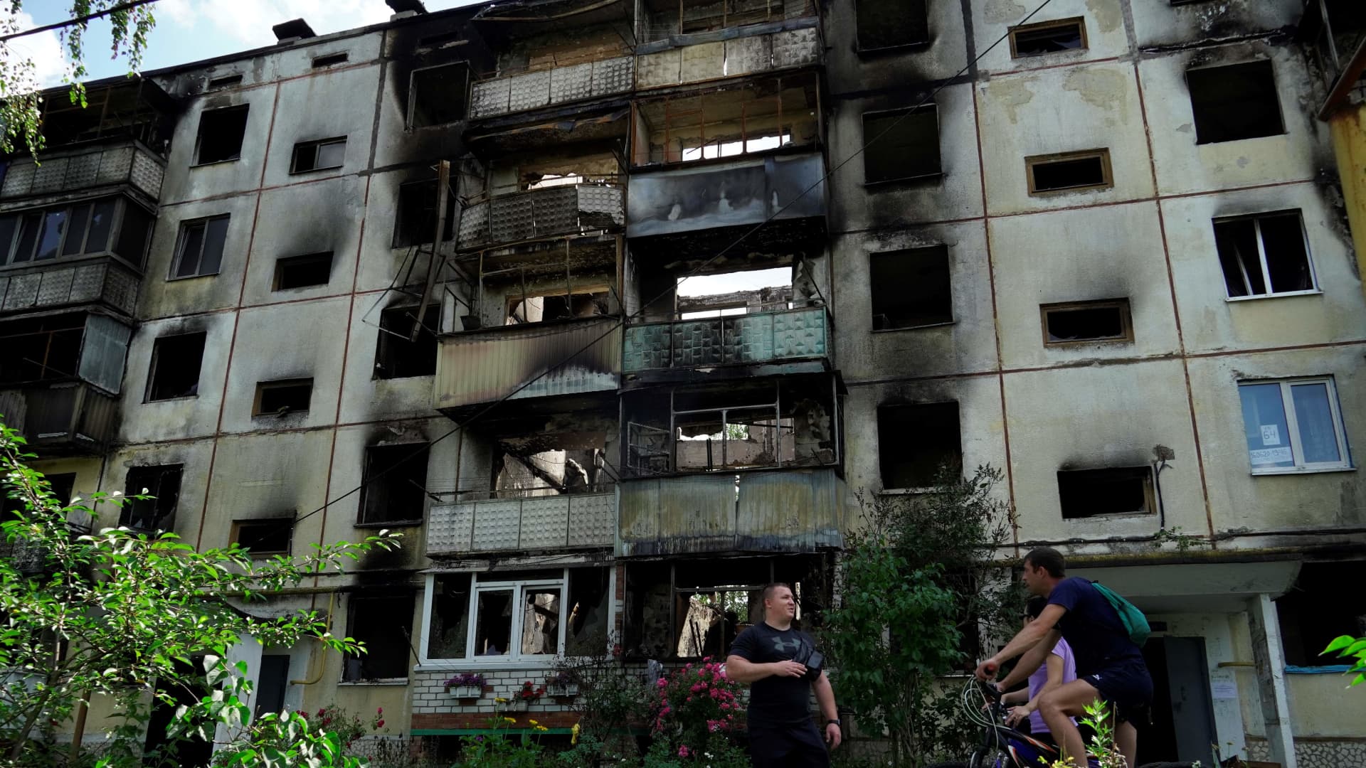 A building damaged by strikes in the town of Shebekino in Belgorod province, near the Ukrainian border, on July 2, 2023.