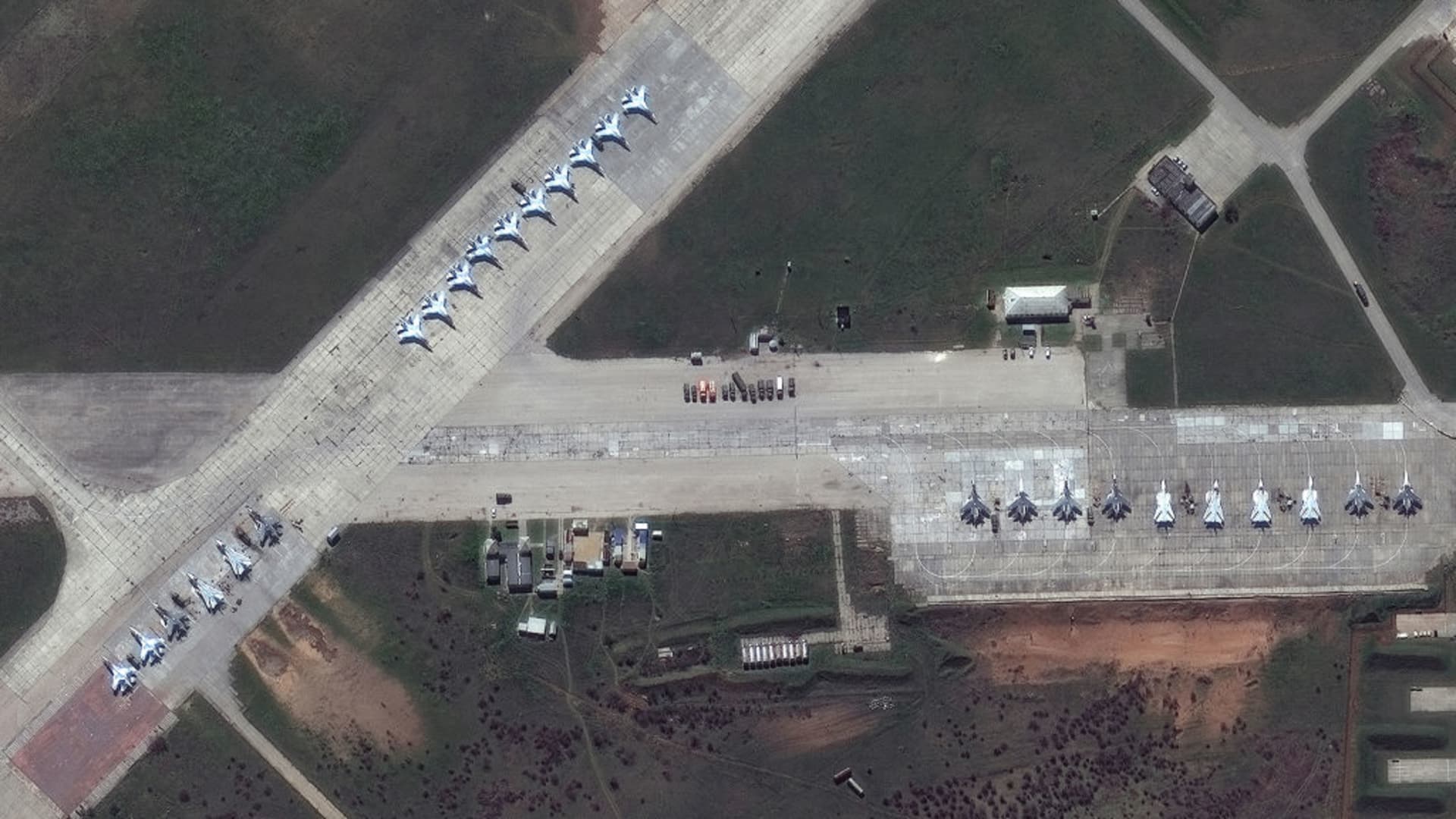 Russia's Saki military airbase in Crimea in 2021. In 2022, the airbase was attacked, damaging a number of planes.