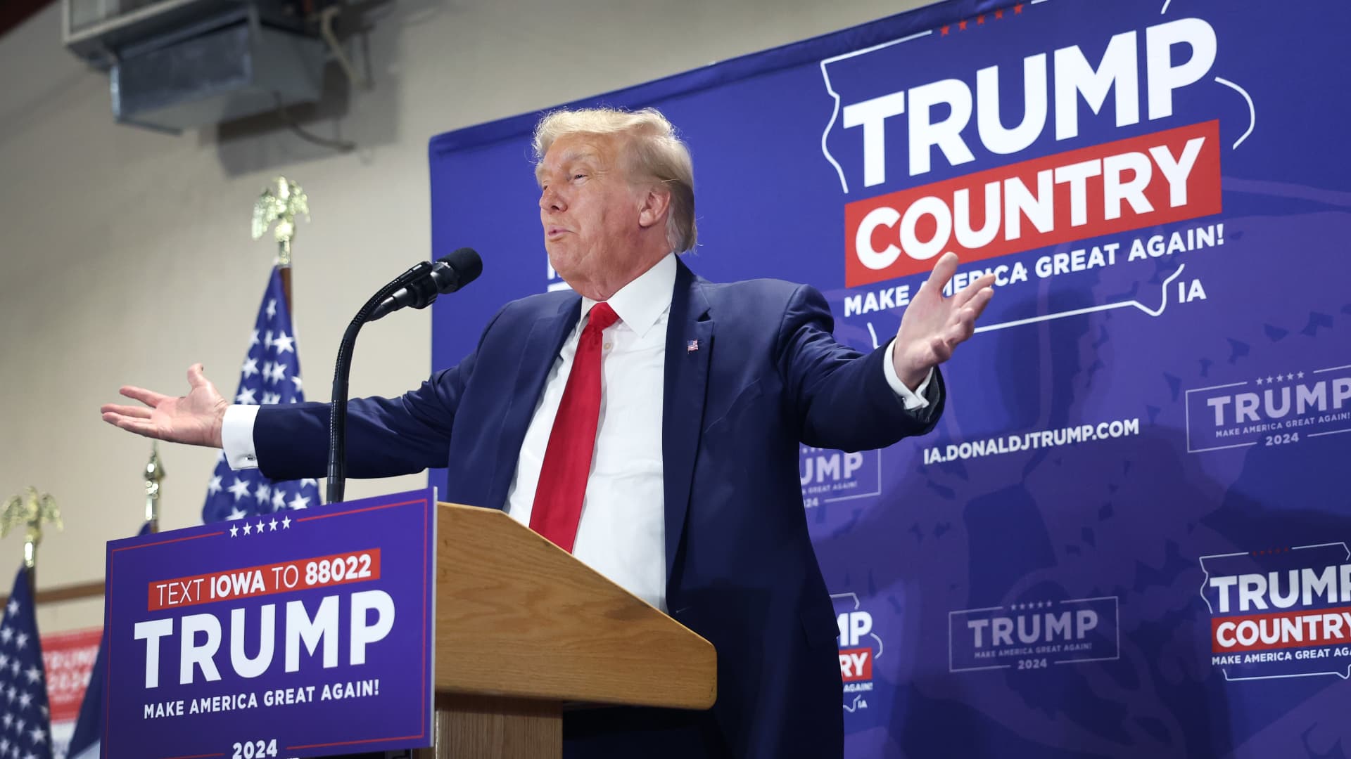 Former US President and 2024 Presidential hopeful Donald Trump delivers remarks at a Team Trump Iowa Commit to Caucus event in Maquoketa, Iowa, on September 20, 2023. 