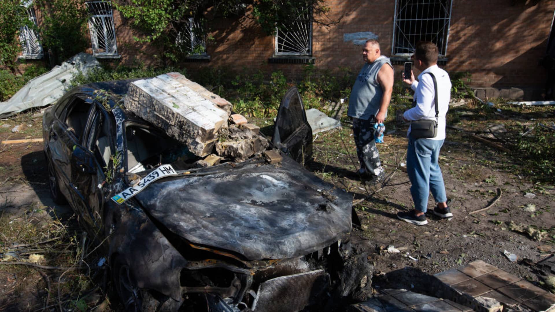 A view of a destroyed car after a Russian missile attack, as the Russia-Ukraine war continues in the in Kyiv, Ukraine on September 21, 2023. At least 7 people were injured, including 1 child. 